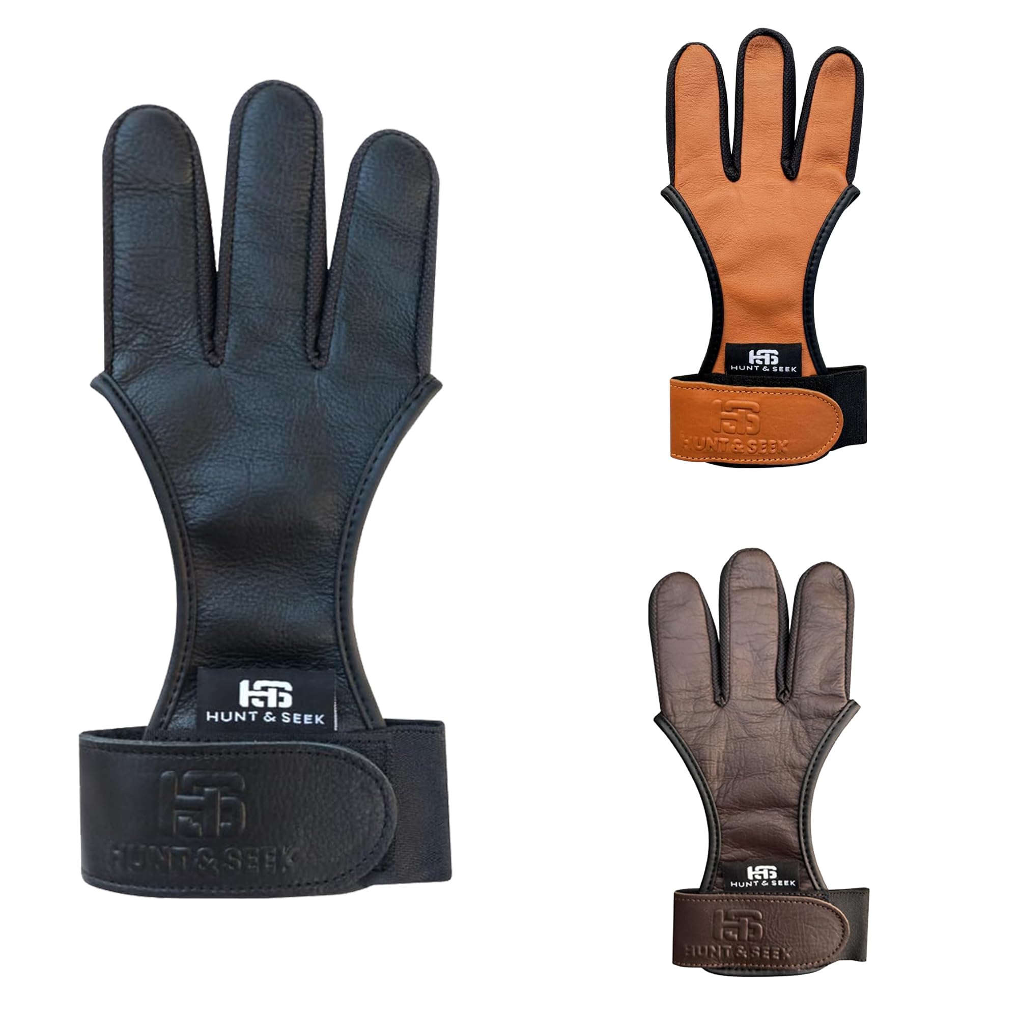 Hunt & Seek Cow Leather Thick Three Finger Archery Shooting Glove for Recurve & Compound Bow – Finger Tab Accessory (Black, Medium)