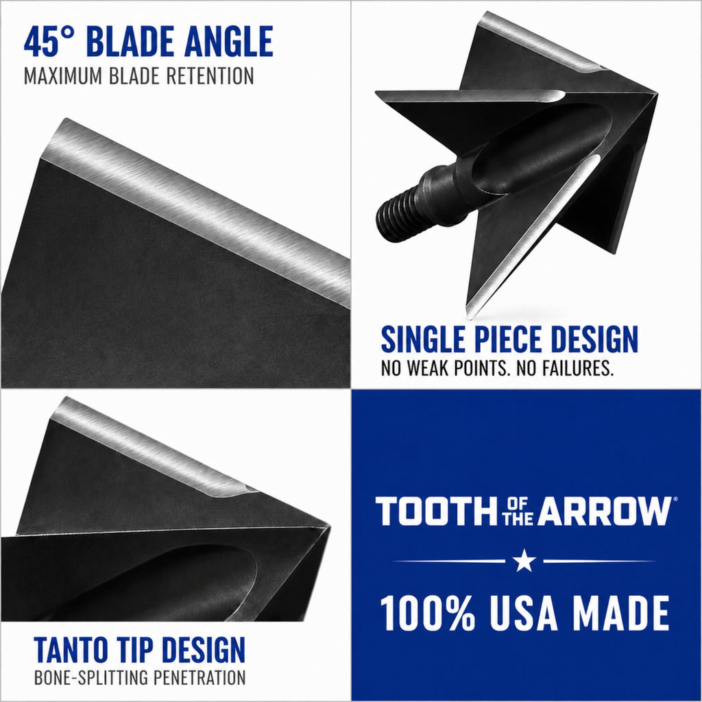 Tooth Of The Arrow Broadheads - 150 Grain - 100% USA Made - Broadhead for Crossbow and Compound Bow - Premium Archery Broadheads for Hunting - Fixed Blade - 3 Pack (1-3/16-Inch)