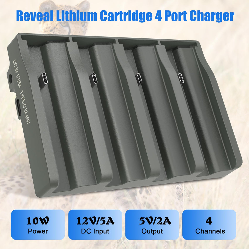 REACELL 4 Pack New Reveal Rechargeable Battery + Cartridge 4 Port Charger, Compatible with TACTACAM Reveal X Gen 3.0, Pro 3.0,X PRO, X 2.0, X, SK, XB Cellular Trail Camera