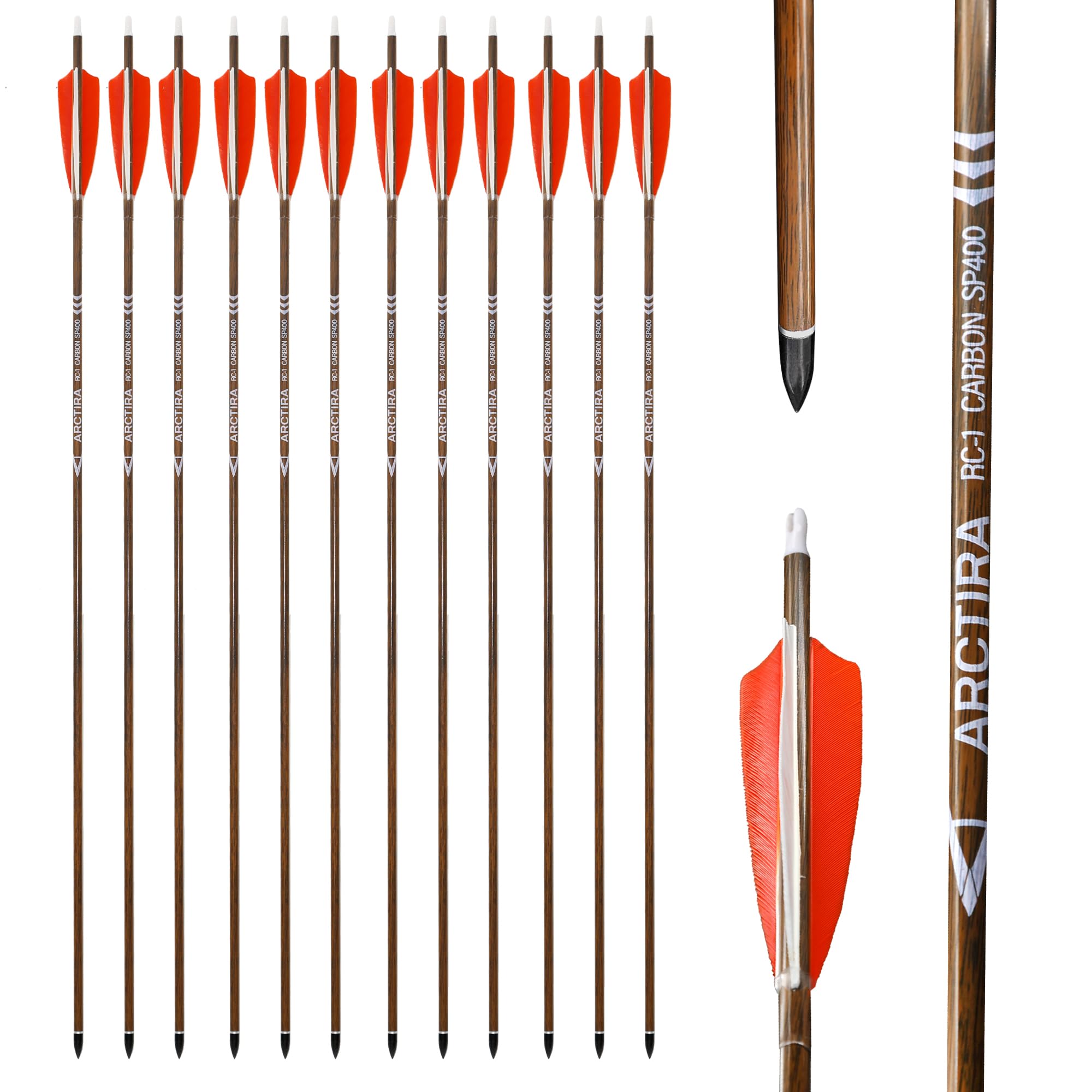 ARCTIRA 12Pcs Archery Traditional Carbon Arrows for Recurve Bow with Feather for Longbow Compound Bow Lightweight Hunting Arrows for Adults Target Practice (Brown Shaft, 500 Spine)