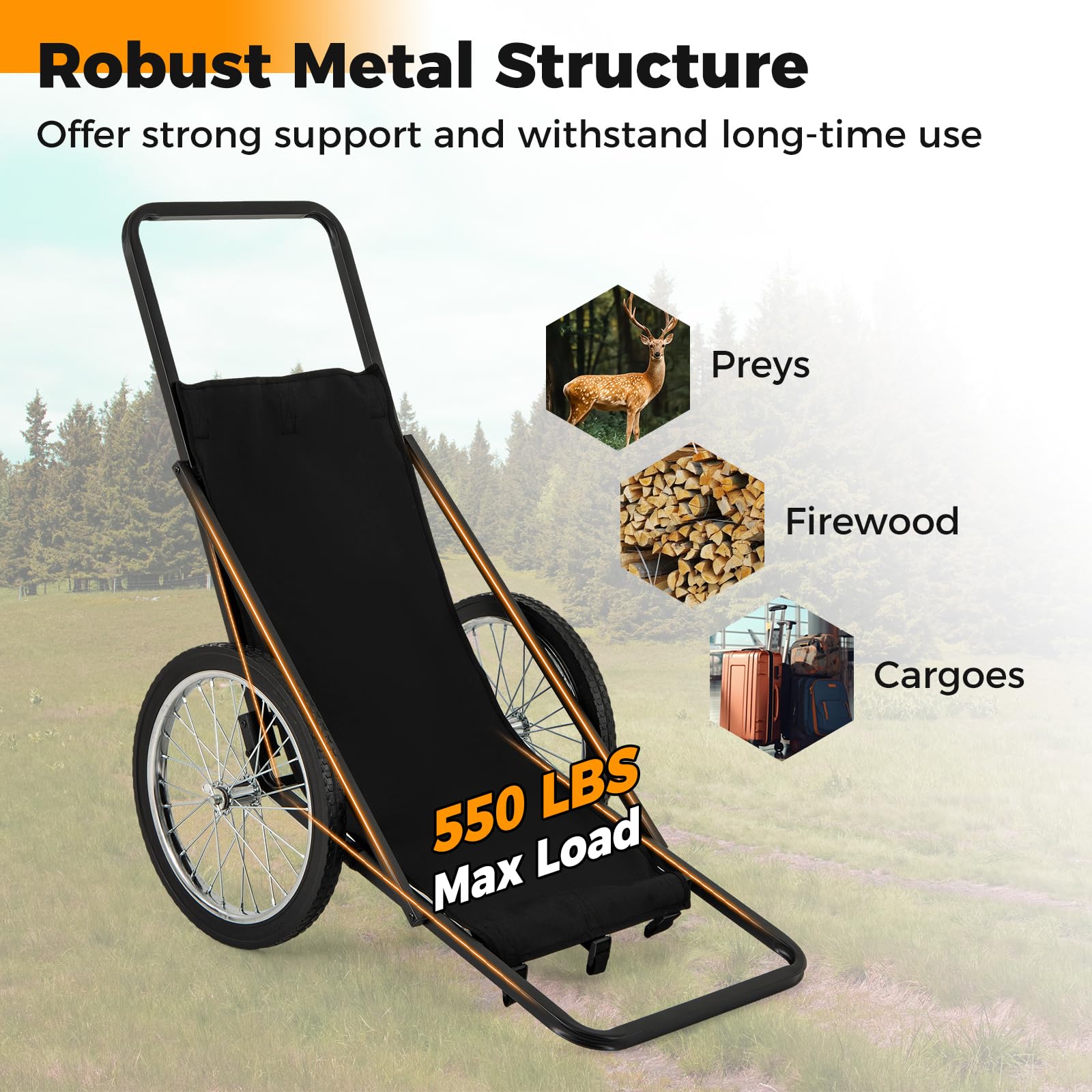 Moccha Deer Cart, 500 LBS Folding Game Cart with Polyester Liner, 20" Rubber Wheels, Ergonomic Handle, 2 Buckle Straps, Heavy-Duty Hunting Game Hauler or Hunting Fishing Hiking