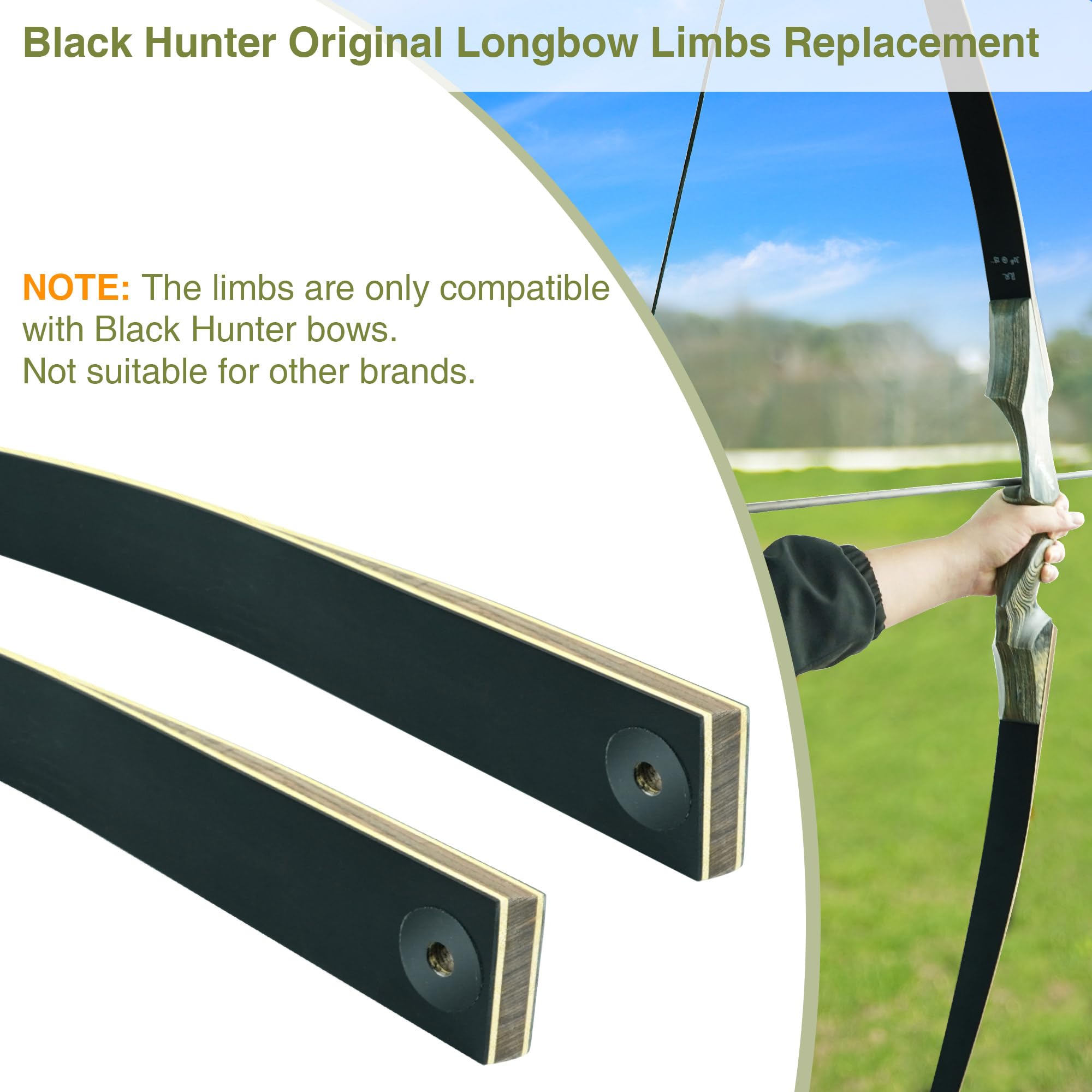 Black Hunter Original Takedown Longbow Limbs Replacement, GLURAK 35lb Fiberglass and Bamboo Sheet Laminated Bow Limbs