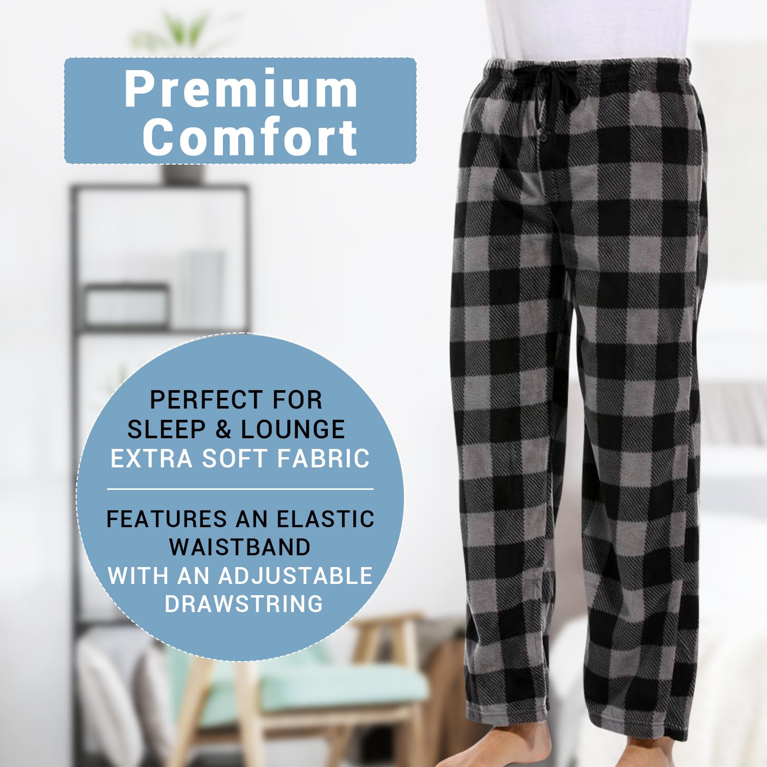 DG Hill Fleece Lounge Pants - Sleepwear Plaid PJs with Pockets Microfleece PJ - Flannel Mens PJ Pajama Pants Bottoms
