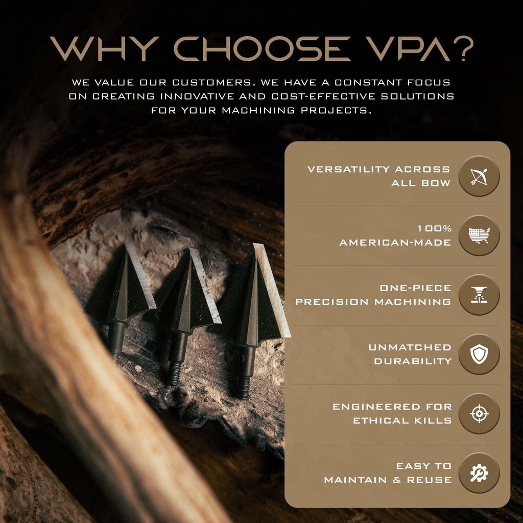 Vantage Point Archery VPA 1 1/8" 2 Blade 200 Grain Right Single Bevel Broadhead, Screw-in, 1045 Carbon Tool Steel 50-52 Rockwell, 3 Pack, Made in The USA