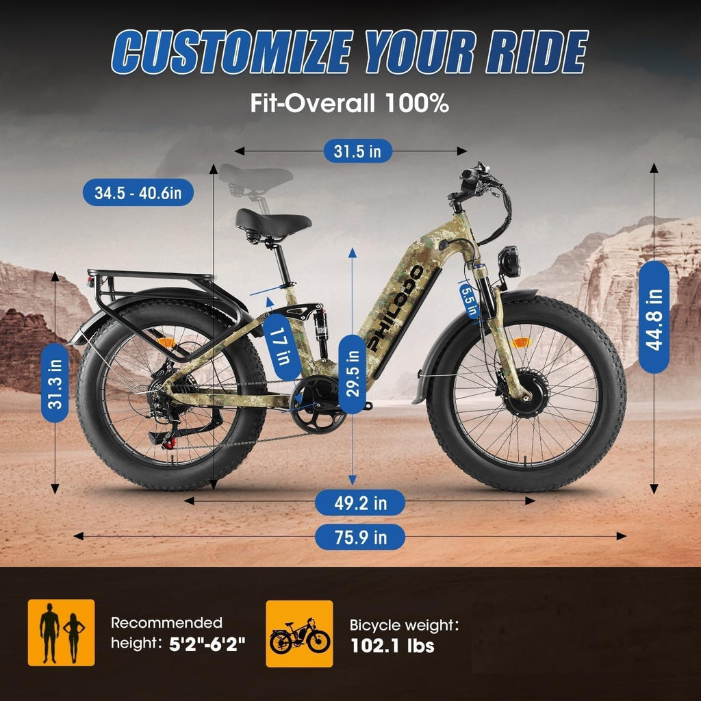 PHILODO Falcon 60V Off-Road Electric Bike Dual Motor Hunting Ebike, Fat Tire Full Suspension Dirt Bike for Adults, Long Range Snow/Sand Electric Bicycle(Green)