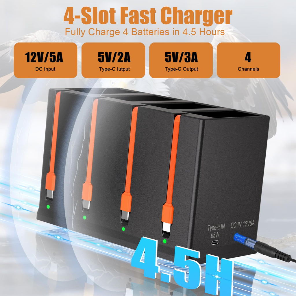 JYJZPB 4 Pack Rechargeable Battery for Moultrie Battery pack+4 Port Charger Compatible with Moultrie Cellular Trail Camera EDGE,EDGE 2,EDGE 3,EDGE PRO,EDGE 2 PRO,EDGE 3 PRO,USB-C Solar Panels Charging