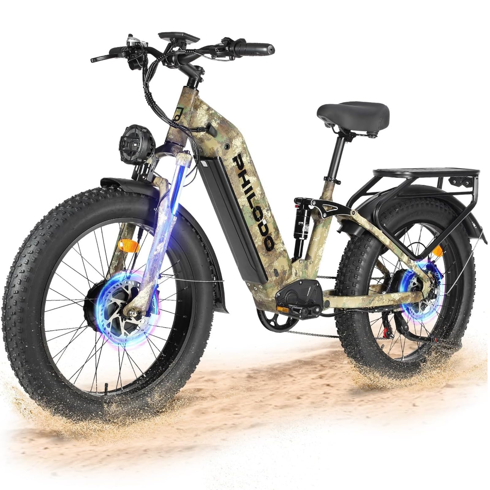 PHILODO Falcon 60V Off-Road Electric Bike Dual Motor Hunting Ebike, Fat Tire Full Suspension Dirt Bike for Adults, Long Range Snow/Sand Electric Bicycle(Green)