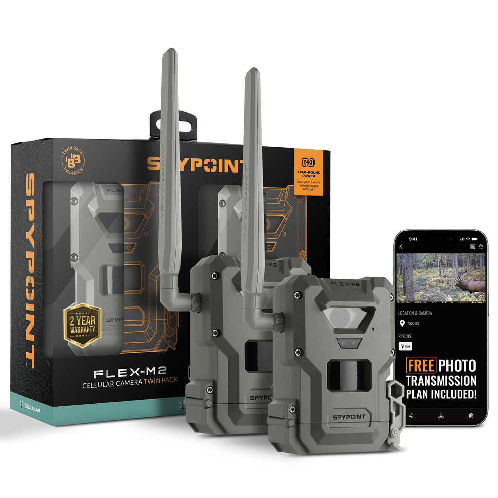 SPYPOINT Flex-M2 Twin Pack Cellular Trail Camera - Latest Generation, Best Hunting Accessories, No WiFi Needed, GPS, Night Vision, Dual-SIM LTE, Game Camera, 32MP Photos, 1080p Videos + Sound