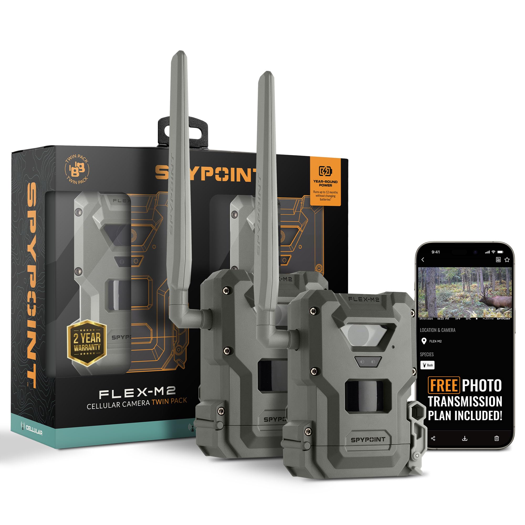 SPYPOINT Flex-M2 Twin Pack Cellular Trail Camera - Latest Generation, Best Hunting Accessories, No WiFi Needed, GPS, Night Vision, Dual-SIM LTE, Game Camera, 32MP Photos, 1080p Videos + Sound