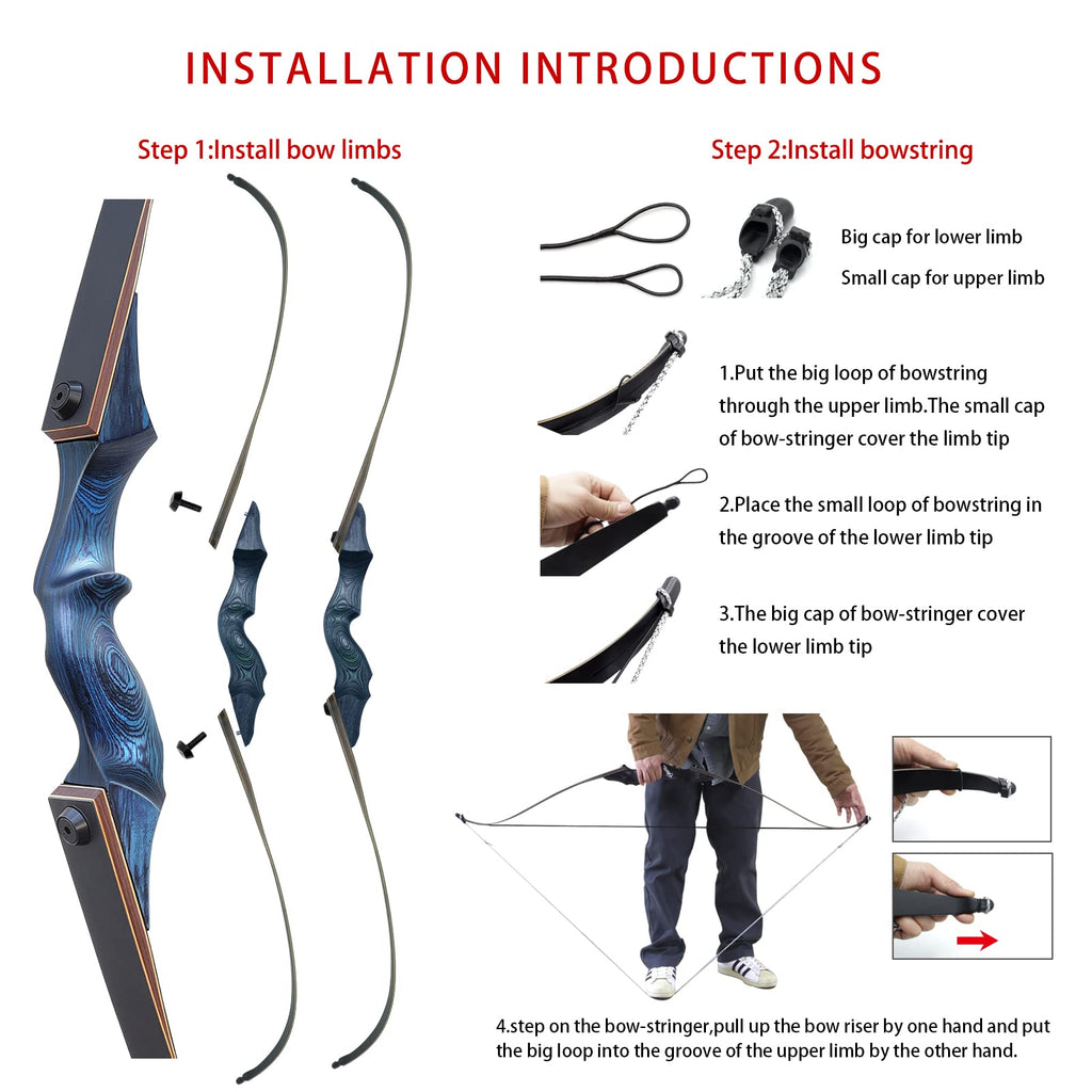 OBTOUTDOOR Black Hunter Original Takedown Recurve Bows for Adults Archery Recurve Bow Set 60" 20-60 lbs Right Hand for Outdoor Targets Practice Hunting Training Competition (Blue-40lbs)