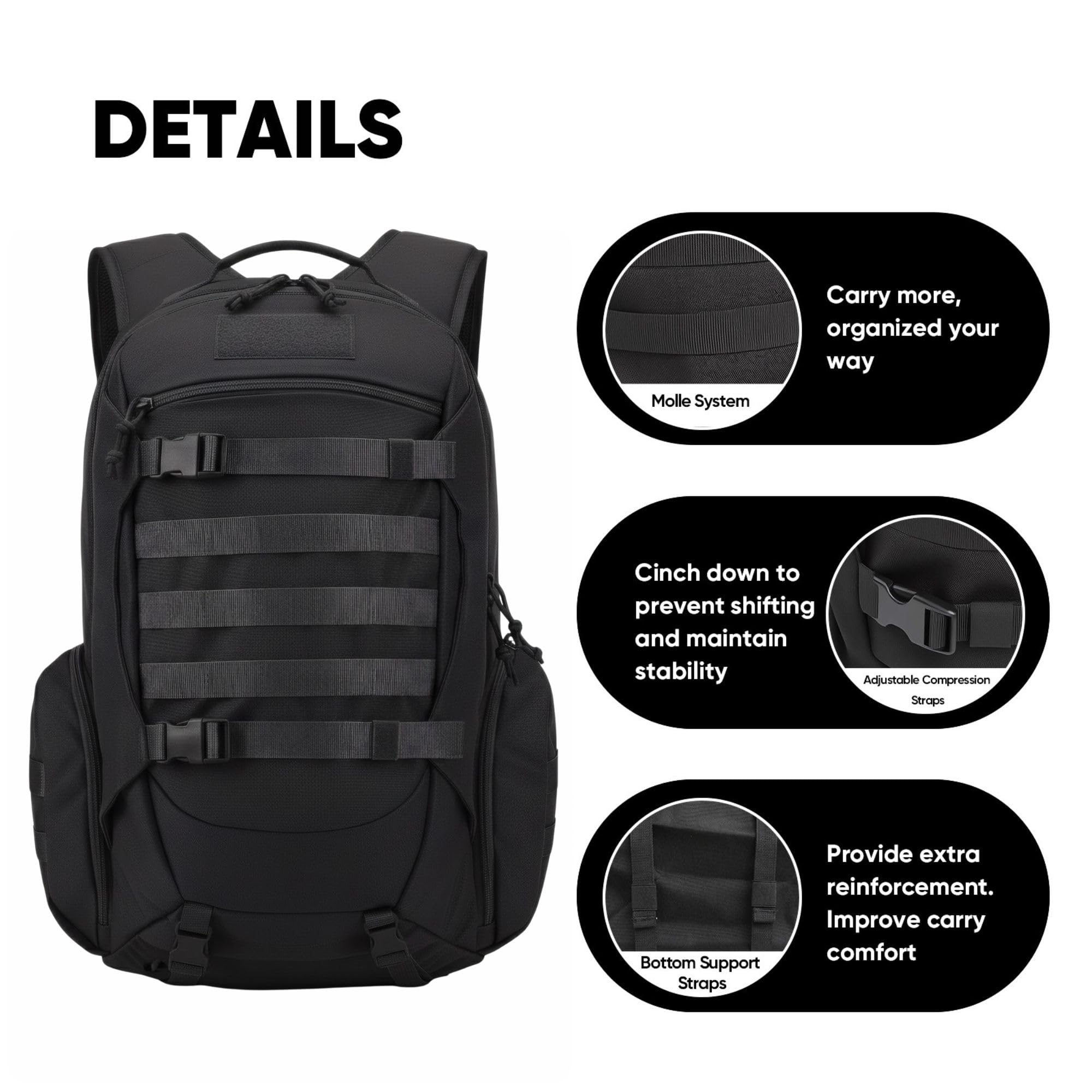 Fortune Edge 35L Tactical Backpack for Men, MOLLE Military Bug Out Bag, Waterproof Rucksack for Hiking with Hydration Port Black