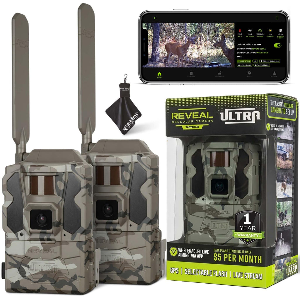 TACTACAM Reveal Ultra Cellular Trail Camera – 4K Photo, 1080P Video, Live Streaming, GPS, Low-Glow/No-Glow Flash, LTE + Cleaning Cloth | 2PK