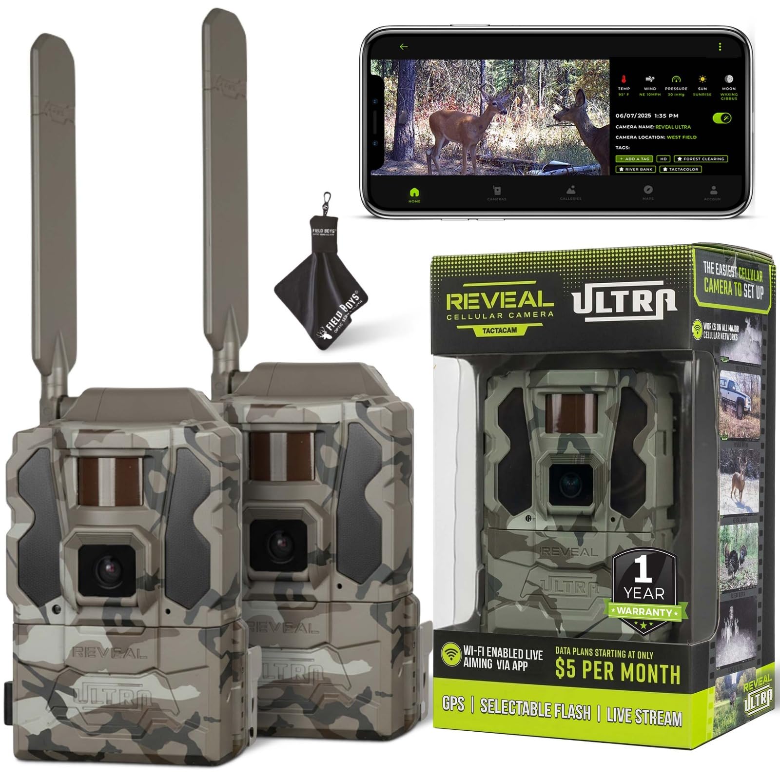 TACTACAM Reveal Ultra Cellular Trail Camera – 4K Photo, 1080P Video, Live Streaming, GPS, Low-Glow/No-Glow Flash, LTE + Cleaning Cloth | 2PK