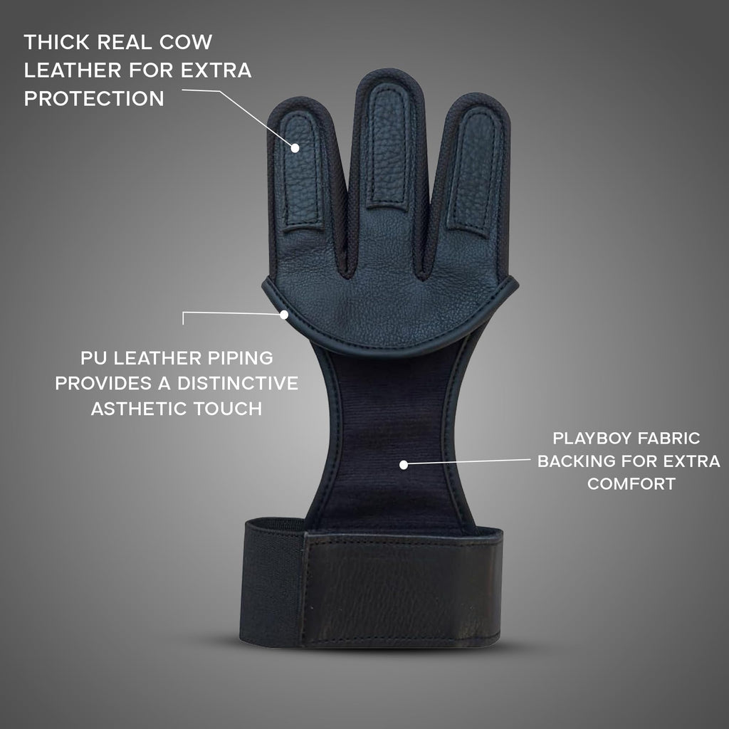 Hunt & Seek Cow Leather Thick Three Finger Archery Shooting Glove for Recurve & Compound Bow – Finger Tab Accessory (Black, Medium)