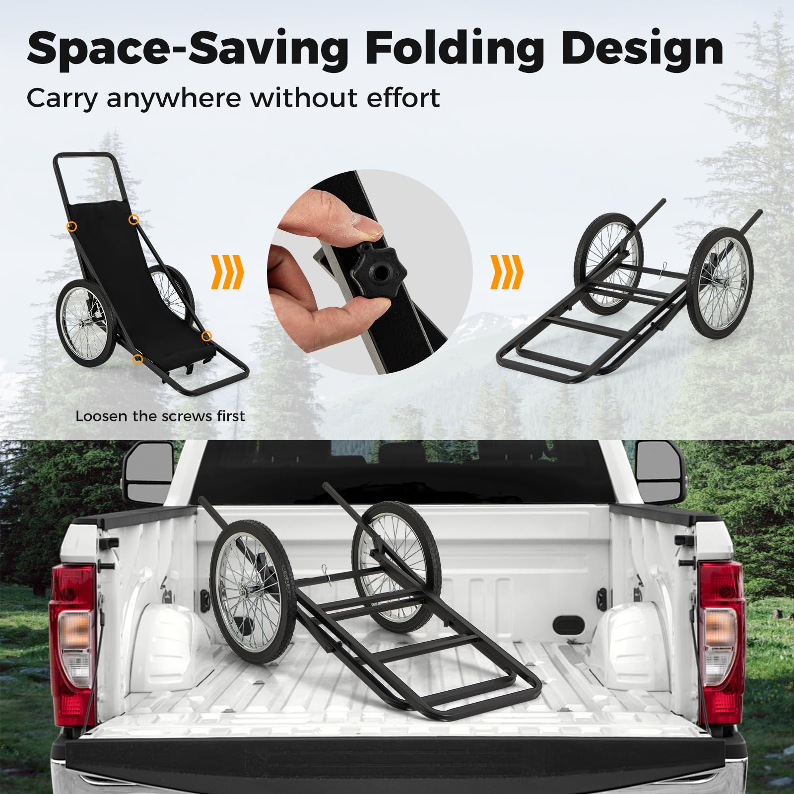 Moccha Deer Cart, 500 LBS Folding Game Cart with Polyester Liner, 20" Rubber Wheels, Ergonomic Handle, 2 Buckle Straps, Heavy-Duty Hunting Game Hauler or Hunting Fishing Hiking