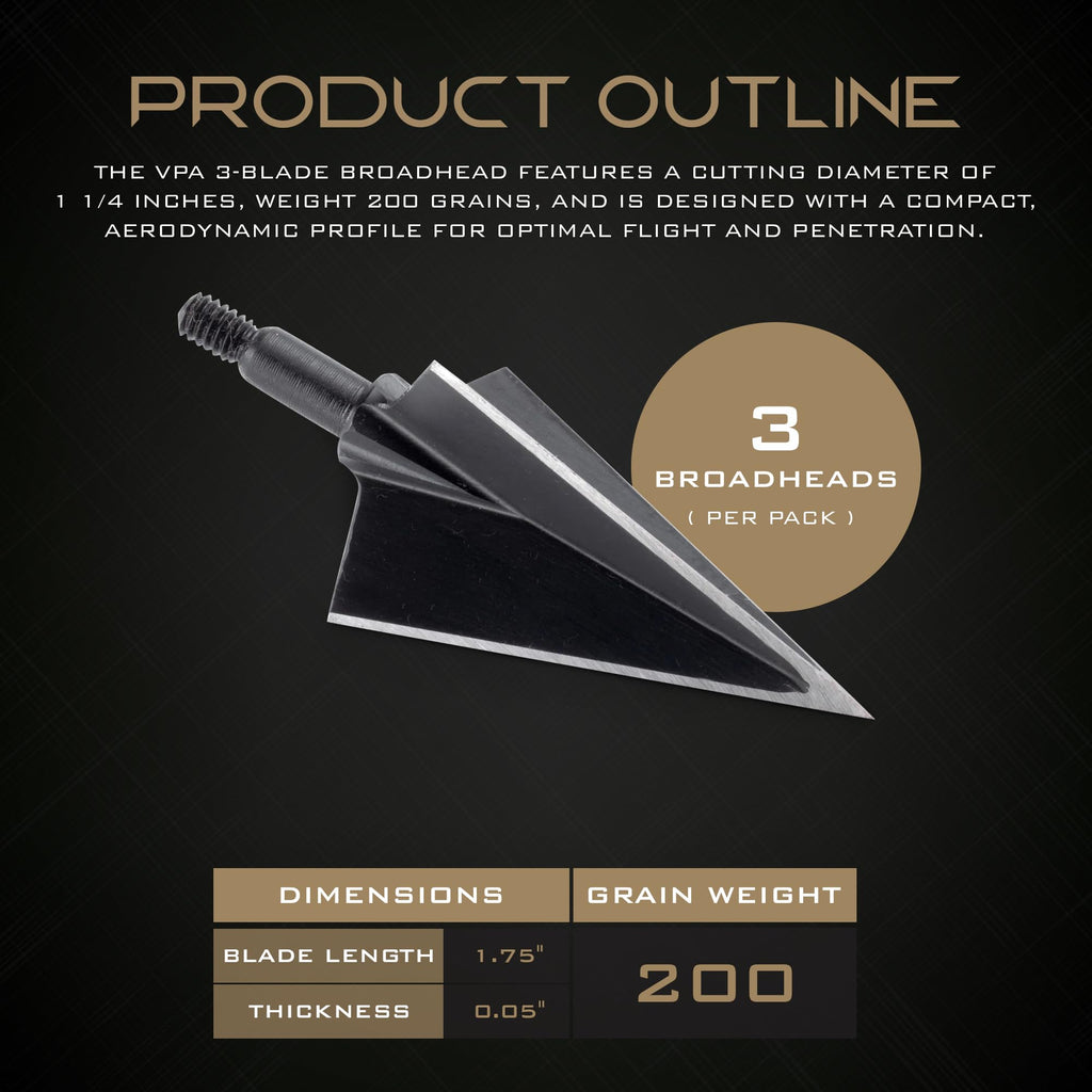 Vantage Point Archery VPA 1 1/4" 3 Blade 200 Grain 3-Blade Broadhead, Screw-in, 1045 Carbon Tool Steel 50-52 Rockwell, 3 Pack, Made in The USA