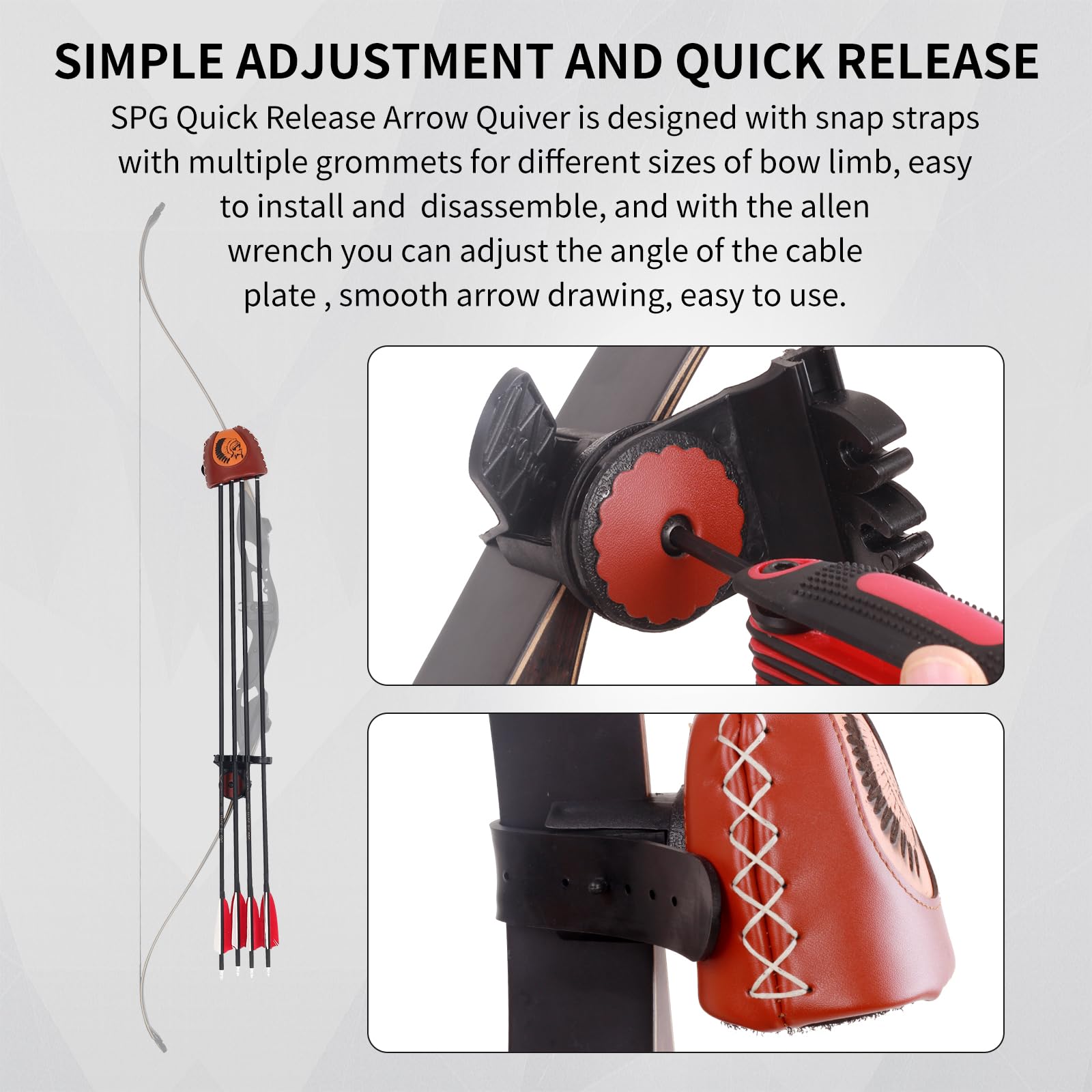 SPG Adjustable Archery Arrow Quiver - Leather Quiver Arrow Holder with Quick Shoot System Longbow Recurve Bow Quiver 4/6 Arrows Hanged Arrow Case for Hunting Shooting Practice (4 Arrows)