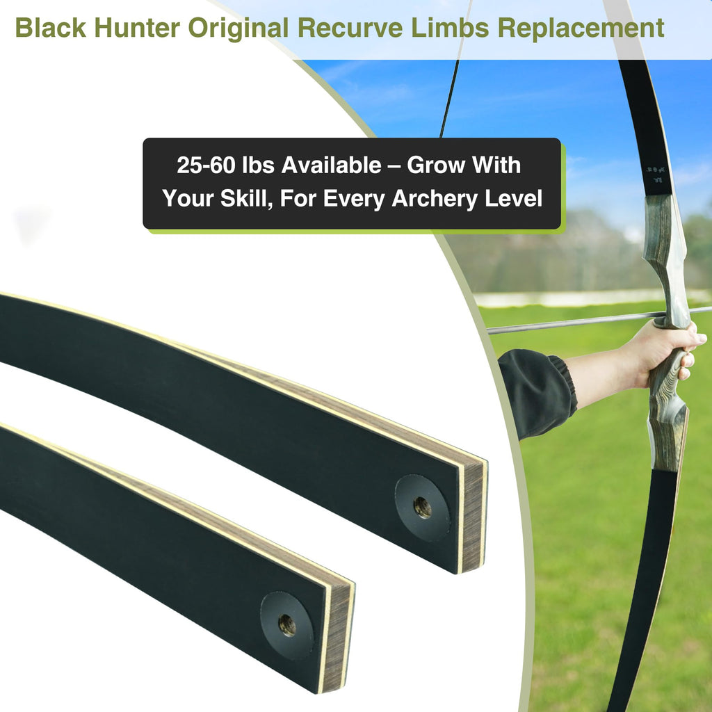 Black Hunter Original Recurve Bow Limbs Replacement, GLURAK 50lb Fiberglass and Bamboo Sheet Laminated Bow Limbs