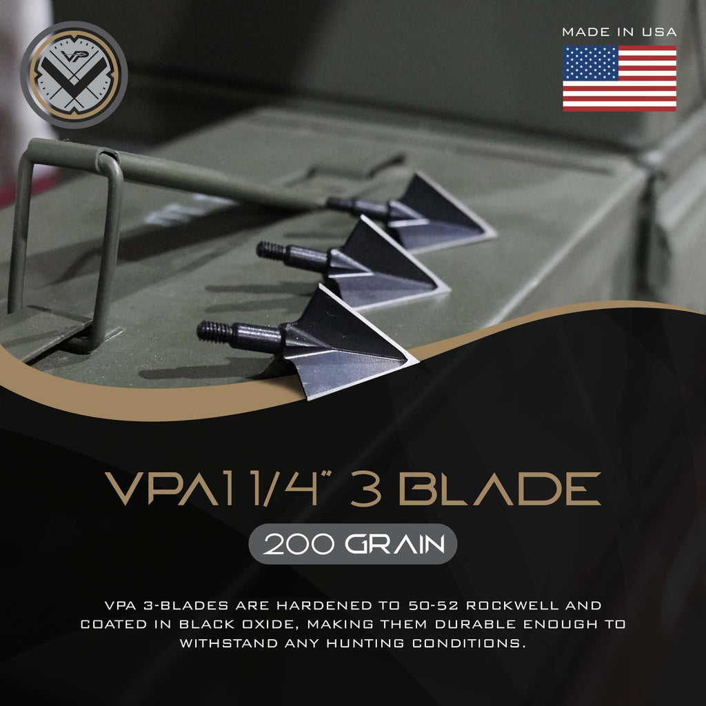 Vantage Point Archery VPA 1 1/4" 3 Blade 200 Grain 3-Blade Broadhead, Screw-in, 1045 Carbon Tool Steel 50-52 Rockwell, 3 Pack, Made in The USA