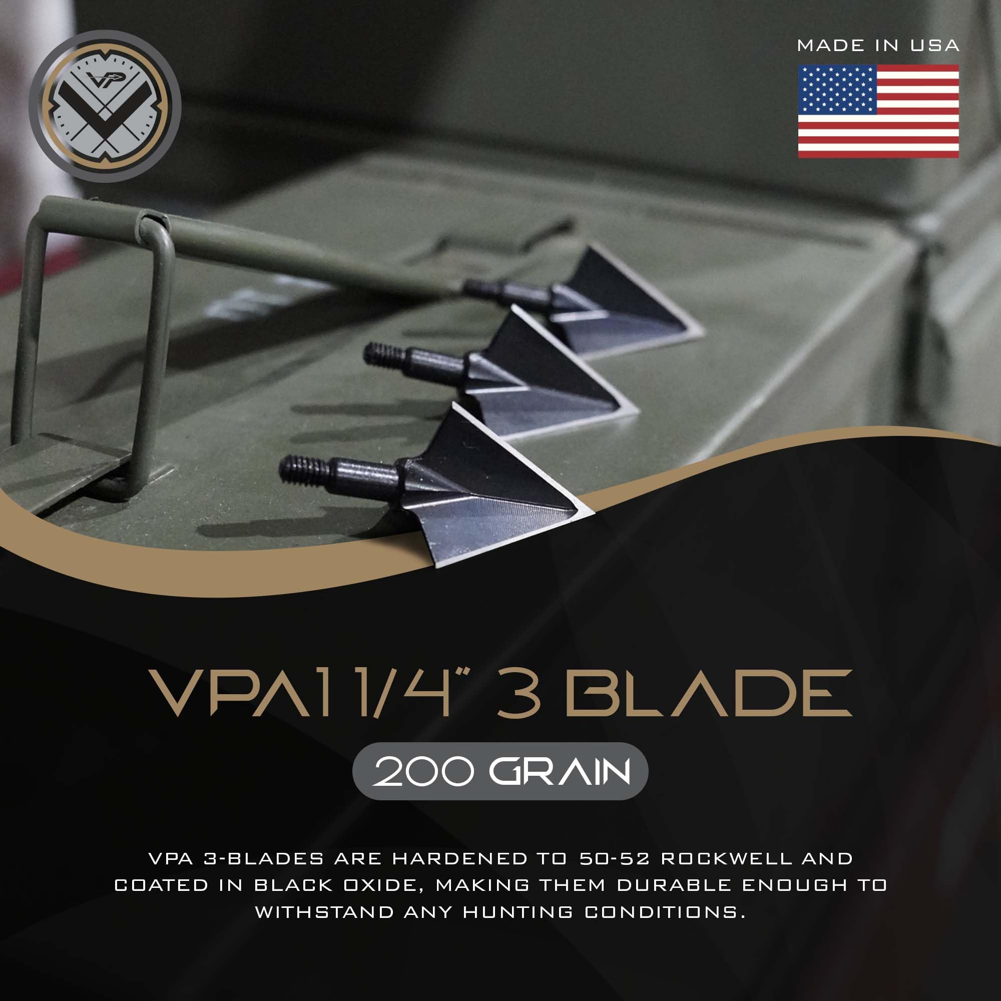 Vantage Point Archery VPA 1 1/4" 3 Blade 200 Grain 3-Blade Broadhead, Screw-in, 1045 Carbon Tool Steel 50-52 Rockwell, 3 Pack, Made in The USA