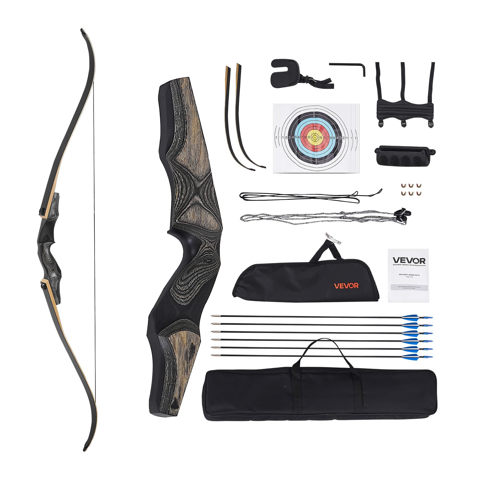 VEVOR Recurve Bow and Arrows Kit, 60 inch Wooden Takedown Bows, Right Handed Ergonomic Archery Recurve Bow Package, Longbow for Outdoor Target Training Practice Hunting, Beginners to Advanced