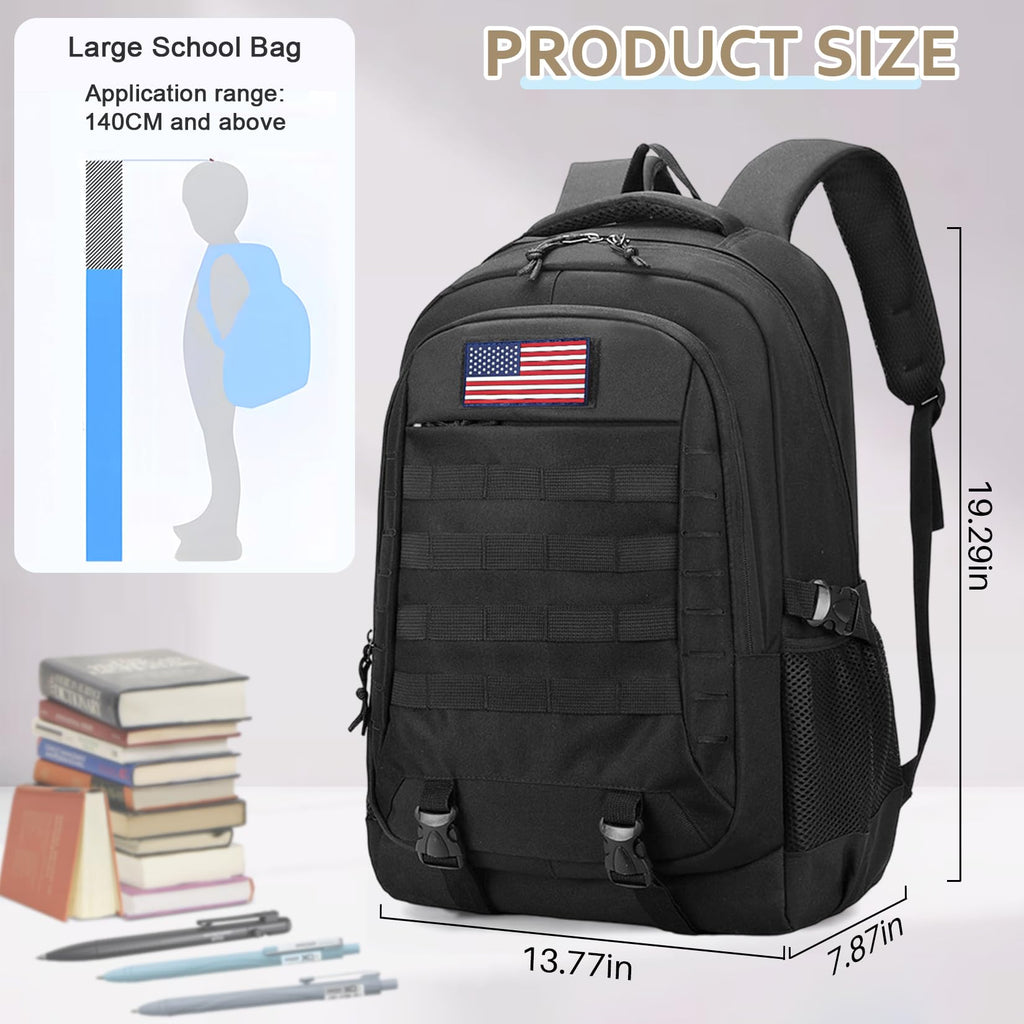 CGYCSY Tactical Backpack - 19'' Waterproof School Bag for Kids, 15.6" Laptop Compartment & MOLLE Webbing for Camping Hiking Travel