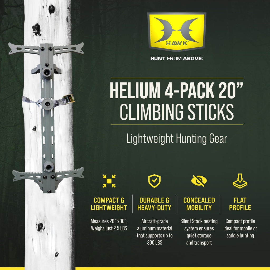 Hawk 4-Pack Lightweight Non-Slip Aluminum Climbing Sticks, Tree Stand Hunting Gear and Platform, Helium, 20" - Portable Safety Accessories & Mobility Equipment for Deer Hunters, Climbers & Shooters