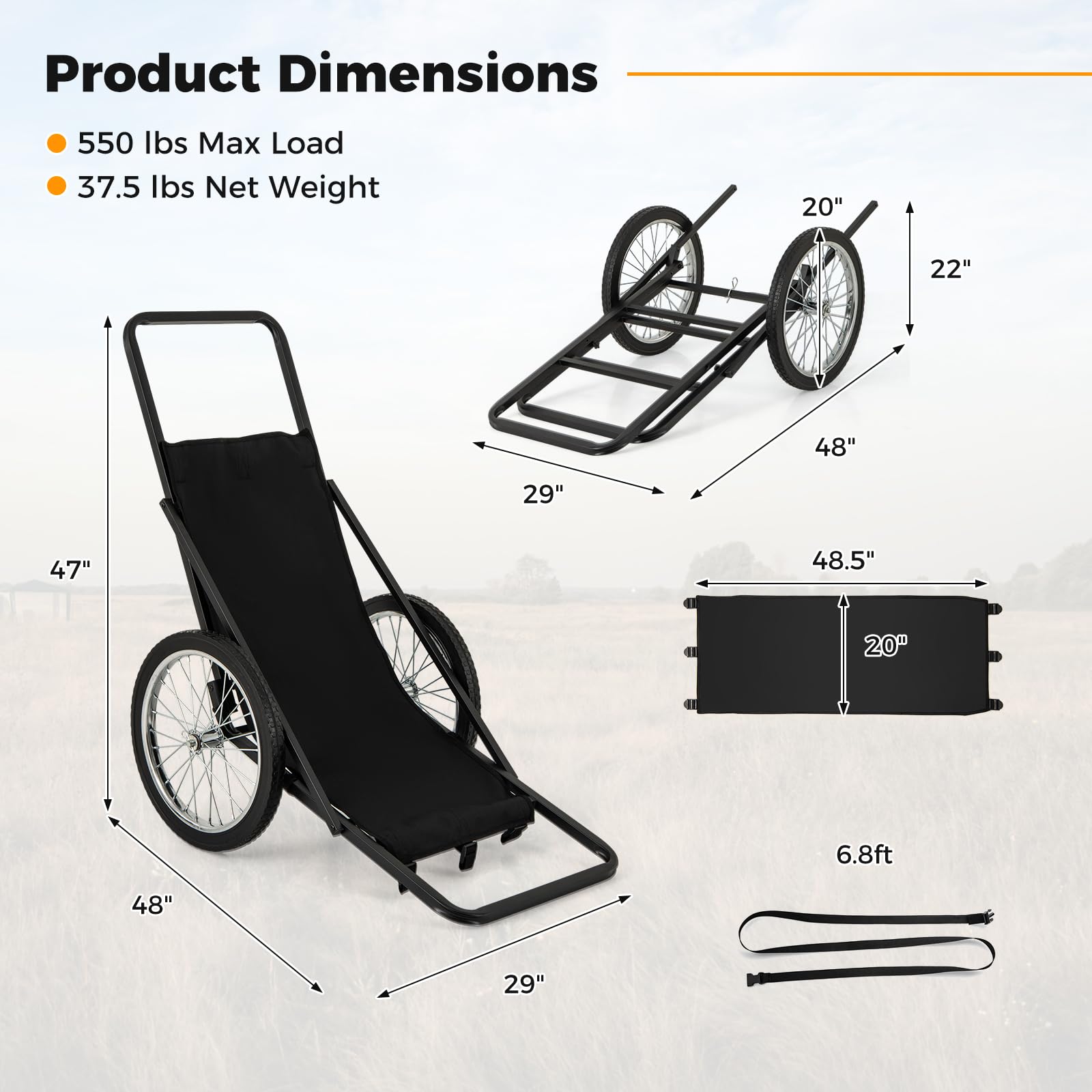 Moccha Deer Cart, 500 LBS Folding Game Cart with Polyester Liner, 20" Rubber Wheels, Ergonomic Handle, 2 Buckle Straps, Heavy-Duty Hunting Game Hauler or Hunting Fishing Hiking