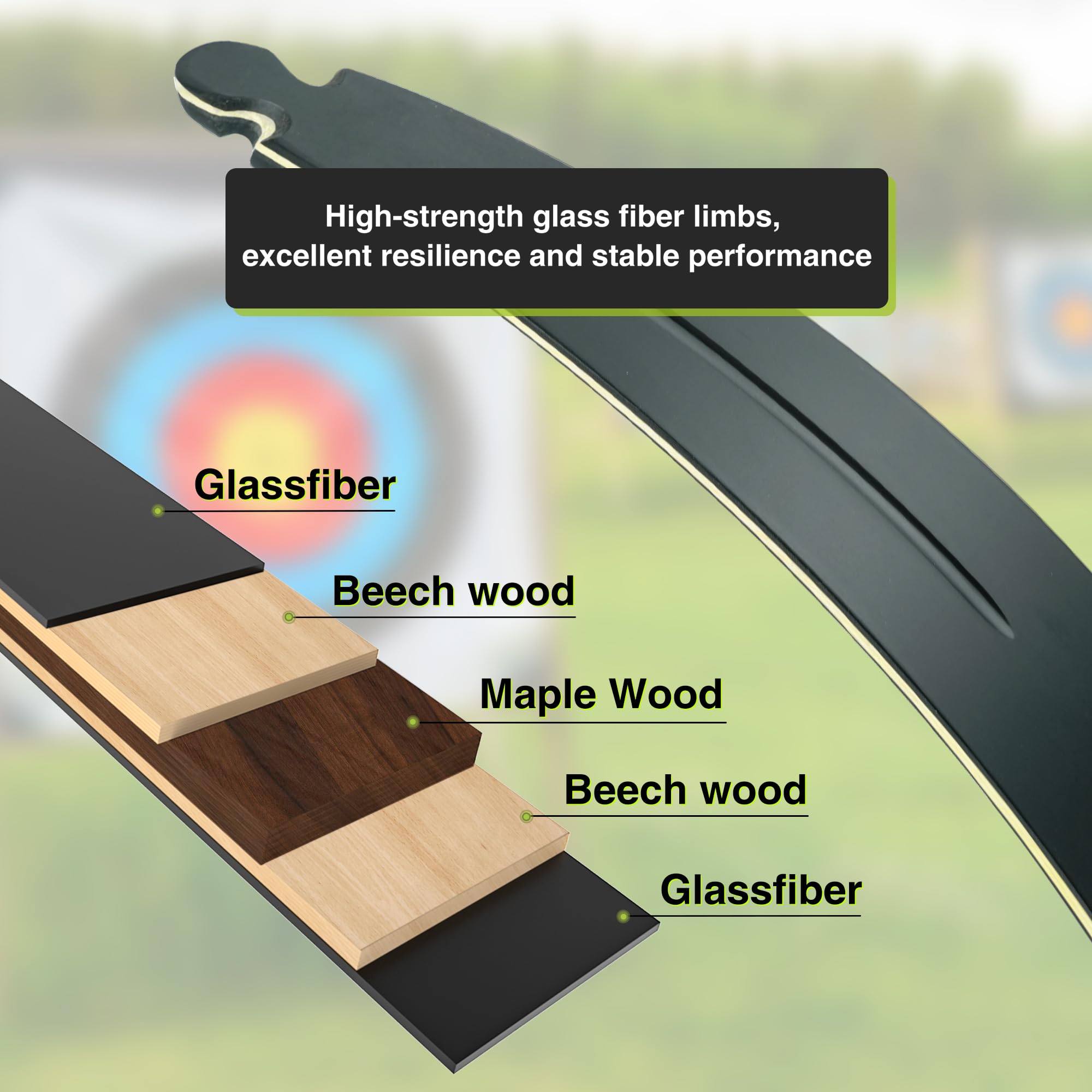 Black Hunter Original Recurve Bow Limbs Replacement, GLURAK 50lb Fiberglass and Bamboo Sheet Laminated Bow Limbs