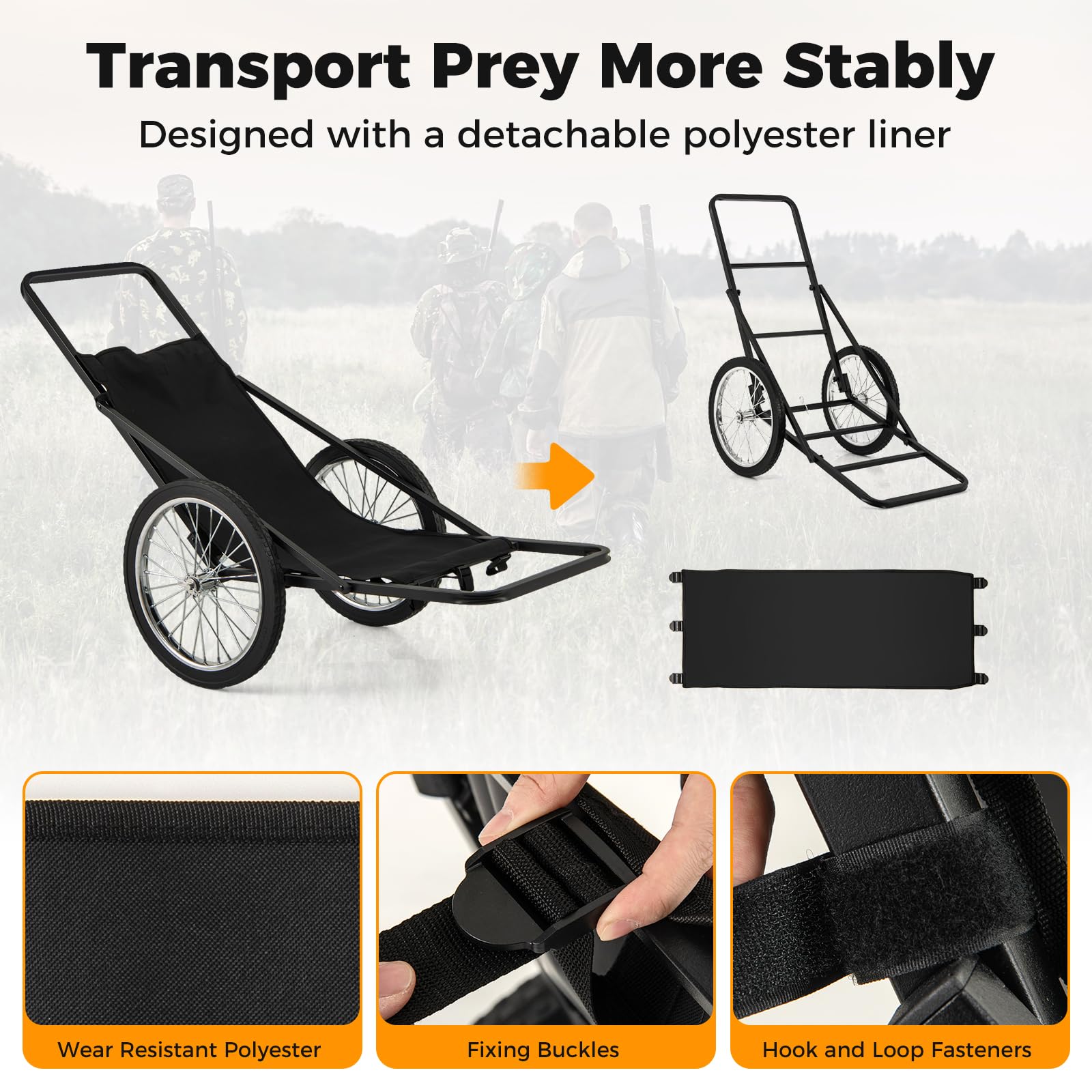 Tangkula Deer Cart, 550 LBS Deer Cart Game Hauler with Polyester Liner, 2 Big Rubber Wheels, 2 Buckle Straps, Ergonomic Handle, Heavy-Duty Folding Game Cart for Hunting, Hiking, Fishing