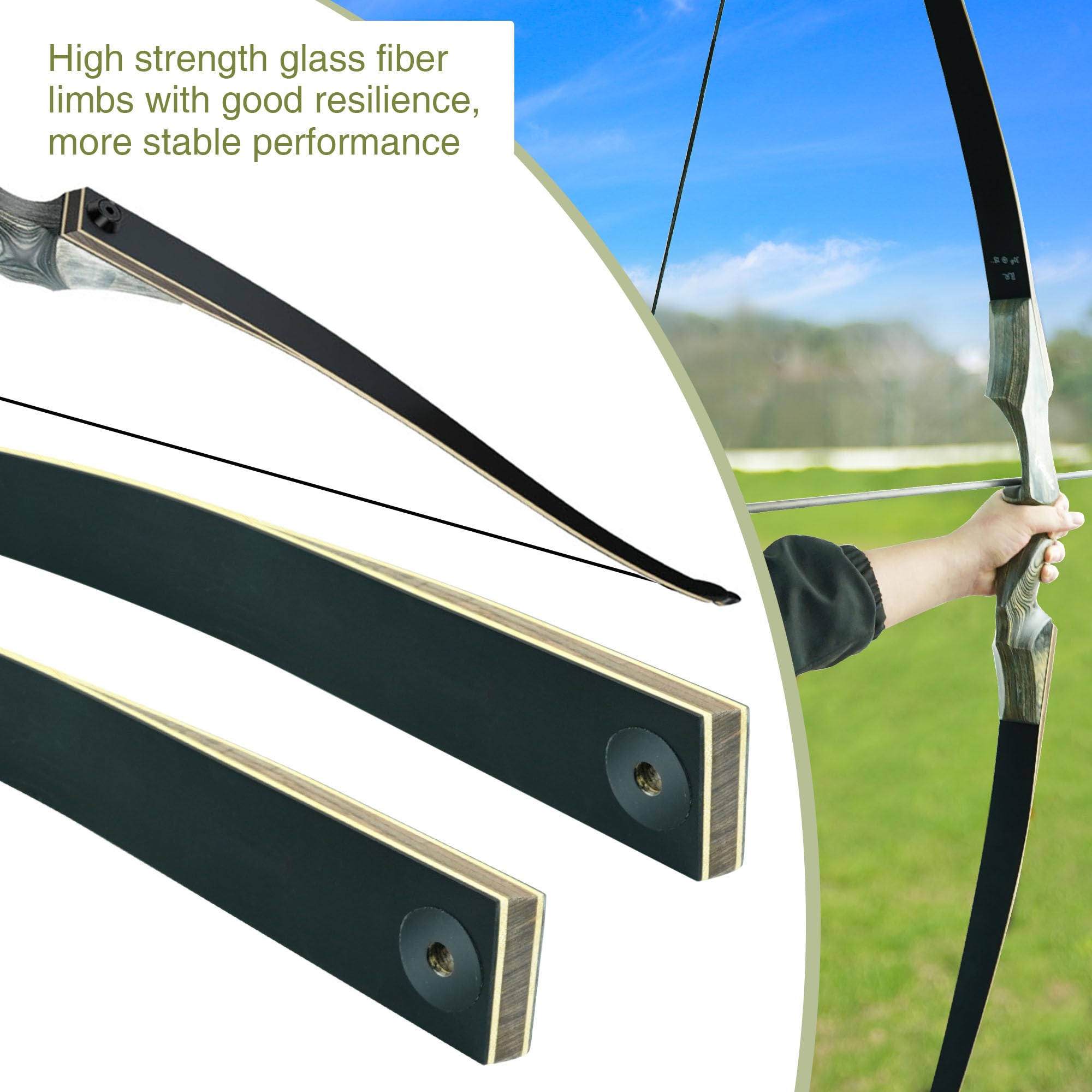 Black Hunter Takedown Longbow, GLURAK 60" Wooden Archery Bow Hunting Bow - Right Hand Bow for Beginner Training Practice, 60lb