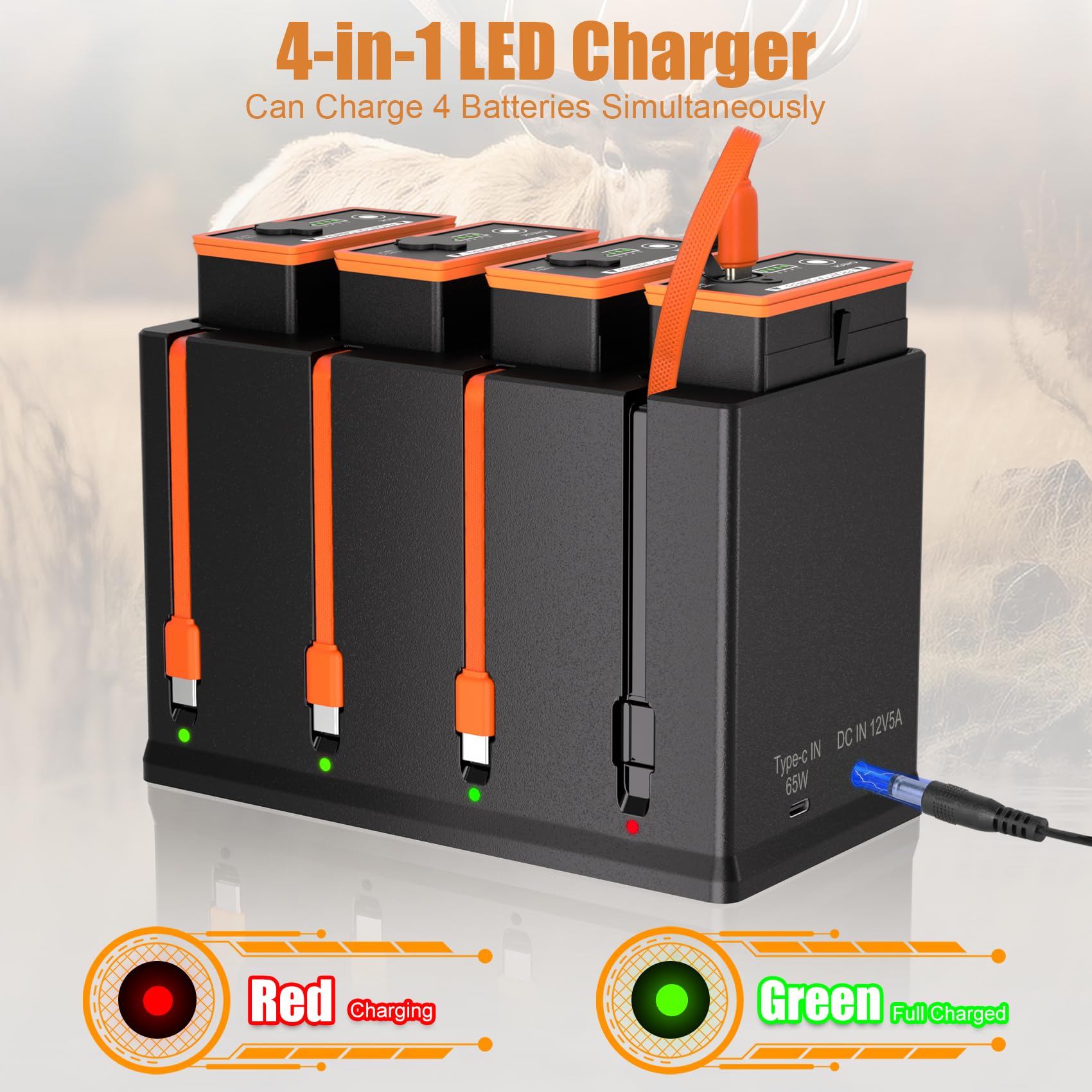 JYJZPB 4 Pack Rechargeable Battery for Moultrie Battery pack+4 Port Charger Compatible with Moultrie Cellular Trail Camera EDGE,EDGE 2,EDGE 3,EDGE PRO,EDGE 2 PRO,EDGE 3 PRO,USB-C Solar Panels Charging