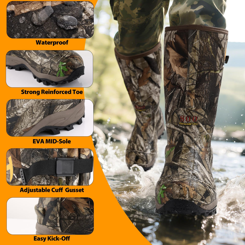 Hunthor Rubber Hunting Boots for Men with 800g Insulation, Waterproof Insulated 6mm Neoprene Shoes for Outdoor Hunting (Next Camo, Size 6)