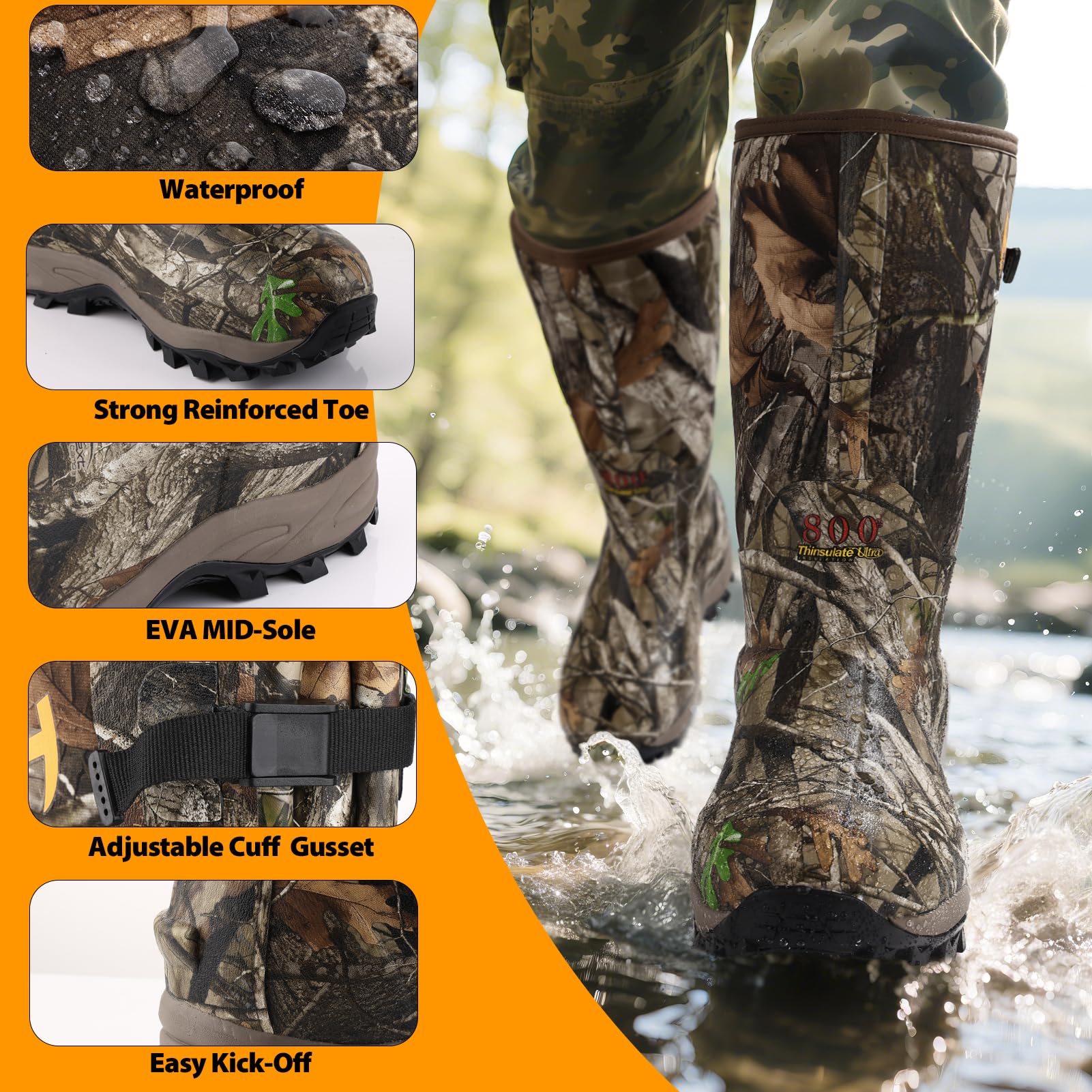 Hunthor Rubber Hunting Boots for Men with 800g Insulation, Waterproof Insulated 6mm Neoprene Shoes for Outdoor Hunting (Next Camo, Size 6)