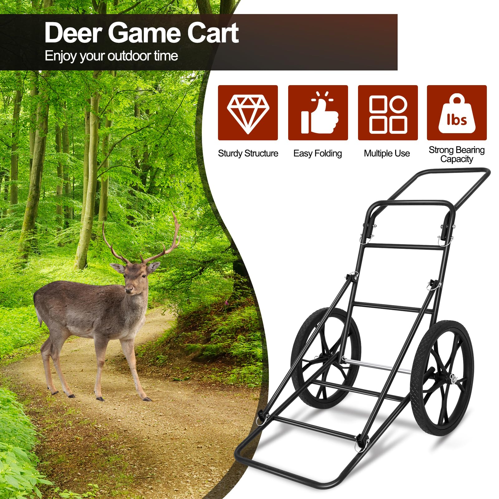 Deer Cart, 500 LBS Folding Deer Game Cart Hauler with 17'' Big Wheels, Heavy-Duty Metal Frame, Ergonomic Handle, Hunting, Camping, Fishing & Hiking