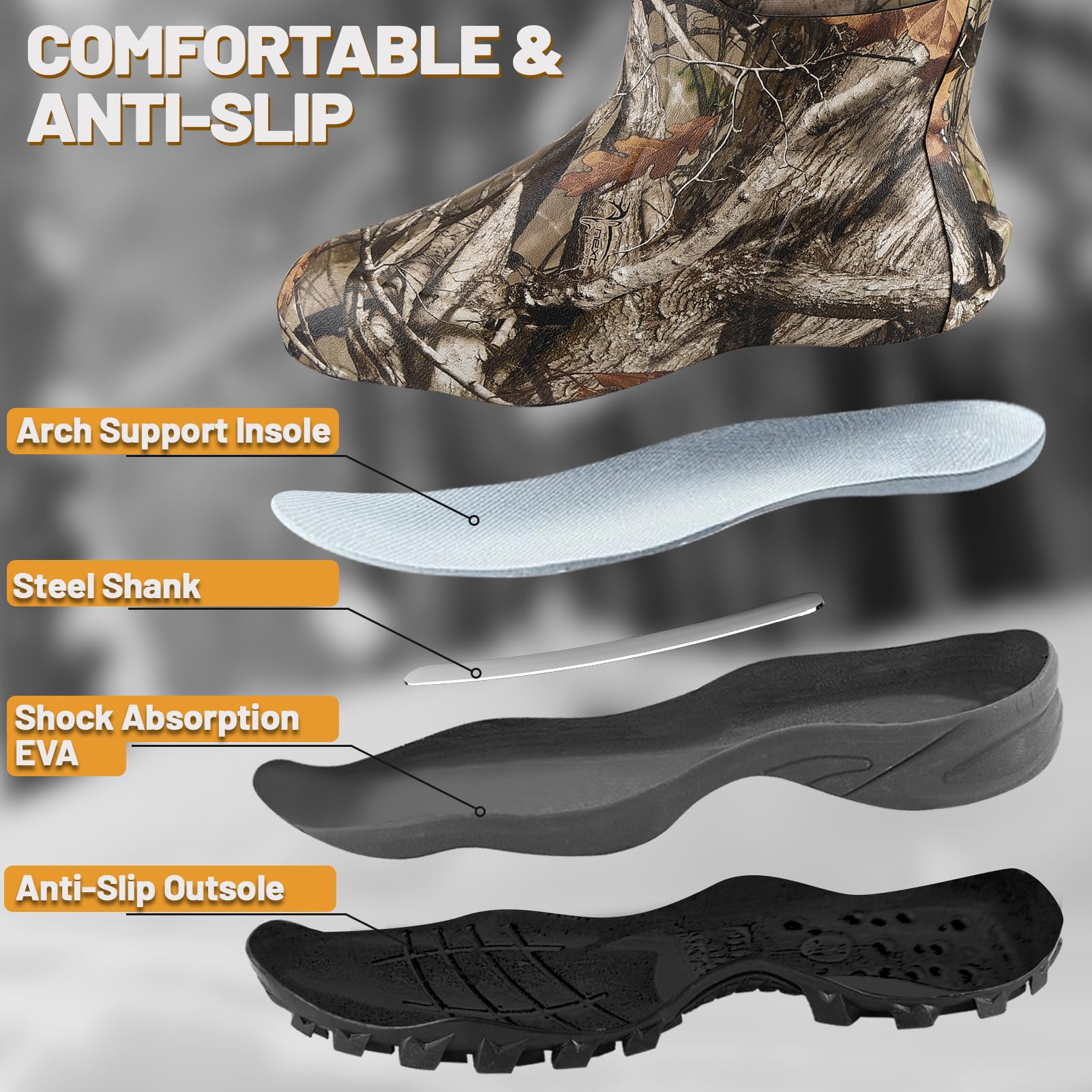 Hunthor Rubber Hunting Boots for Men with 800g Insulation, Waterproof Insulated 6mm Neoprene Shoes for Outdoor Hunting (Next Camo, Size 6)