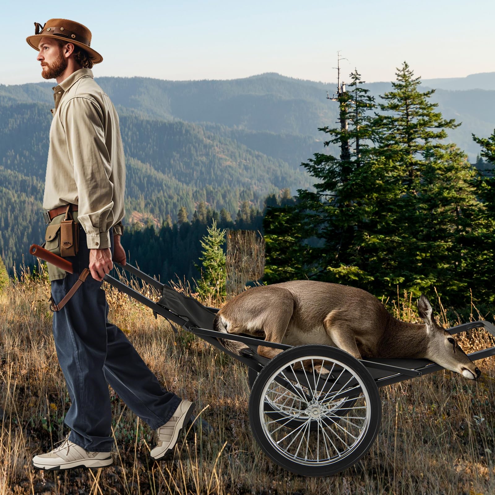Tangkula Deer Cart, 550 LBS Deer Cart Game Hauler with Polyester Liner, 2 Big Rubber Wheels, 2 Buckle Straps, Ergonomic Handle, Heavy-Duty Folding Game Cart for Hunting, Hiking, Fishing