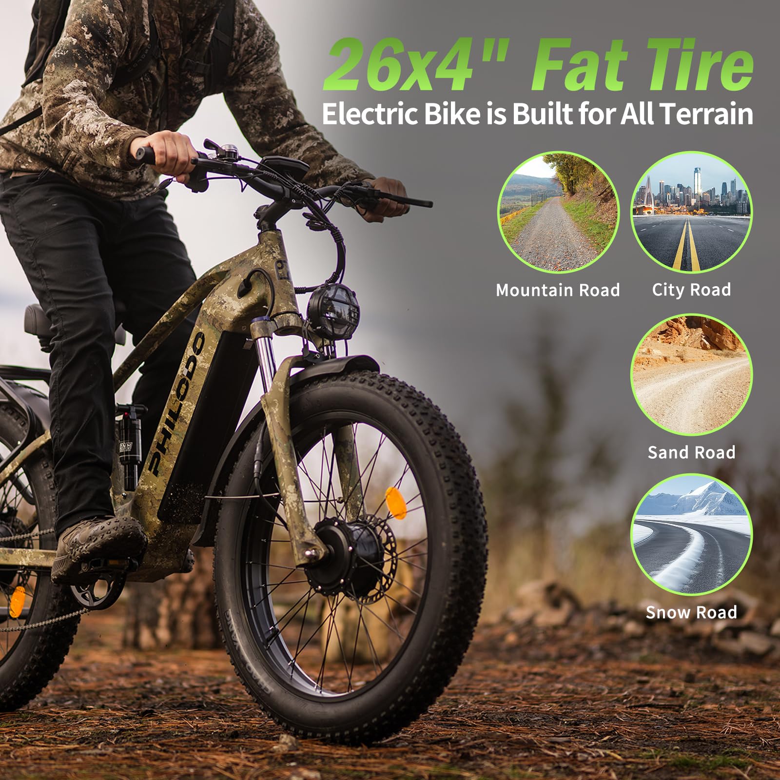 PHILODO 5000w Dual Motor E-Bike 60V Electric Bike for Adults,45 MiIe P-Hour Full Suspension Hydraulic Disc Brakes EBike,26/24x4 Fat Tires Mountain Bikes for All Terrain Snow/Sand