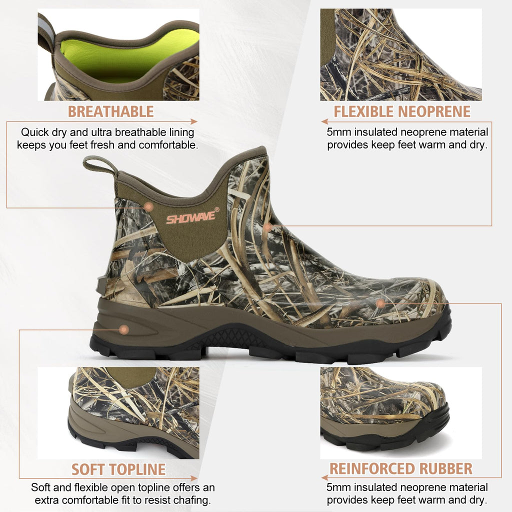 Showave Men's Rubber Boots Waterproof Rain Footwear Durable Short Hunting Boots for Mud Gardening Yard and Chore Working (Size 11,Camo)