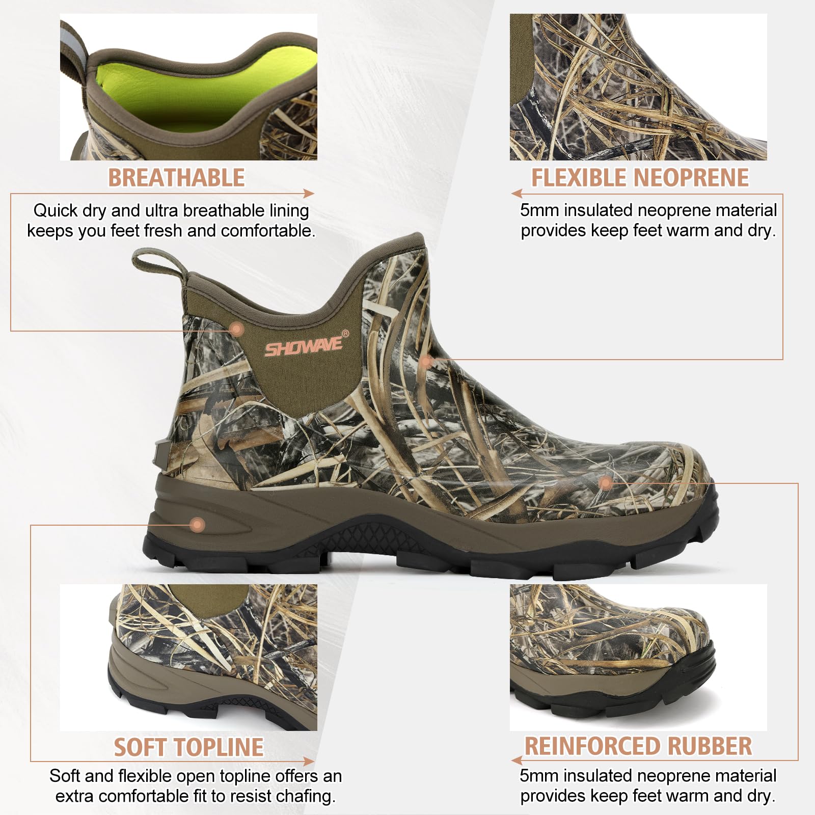Showave Men's Rubber Boots Waterproof Rain Footwear Durable Short Hunting Boots for Mud Gardening Yard and Chore Working (Size 11,Camo)