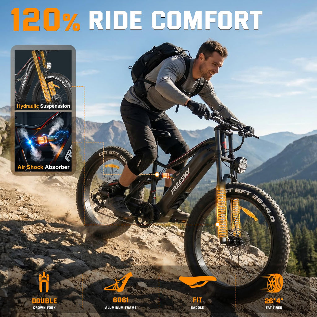 FREESKY 3500W BAFANG Motor Electric Bike for Adults, 48V 30Ah Removable Battery Ebike 120 Miles, 38+MPH, 26" Fat Tire Mountain E Bike, Full Suspension Bike, UL 2849 Certified by TÜV with Gift Package