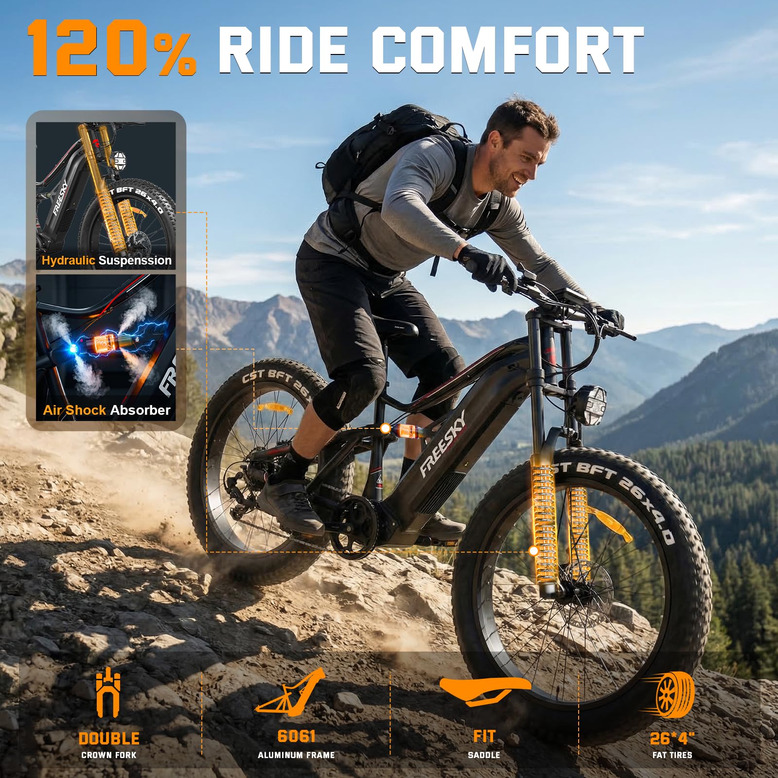 FREESKY 3500W BAFANG Motor Electric Bike for Adults, 48V 30Ah Removable Battery Ebike 120 Miles, 38+MPH, 26" Fat Tire Mountain E Bike, Full Suspension Bike, UL 2849 Certified by TÜV with Gift Package