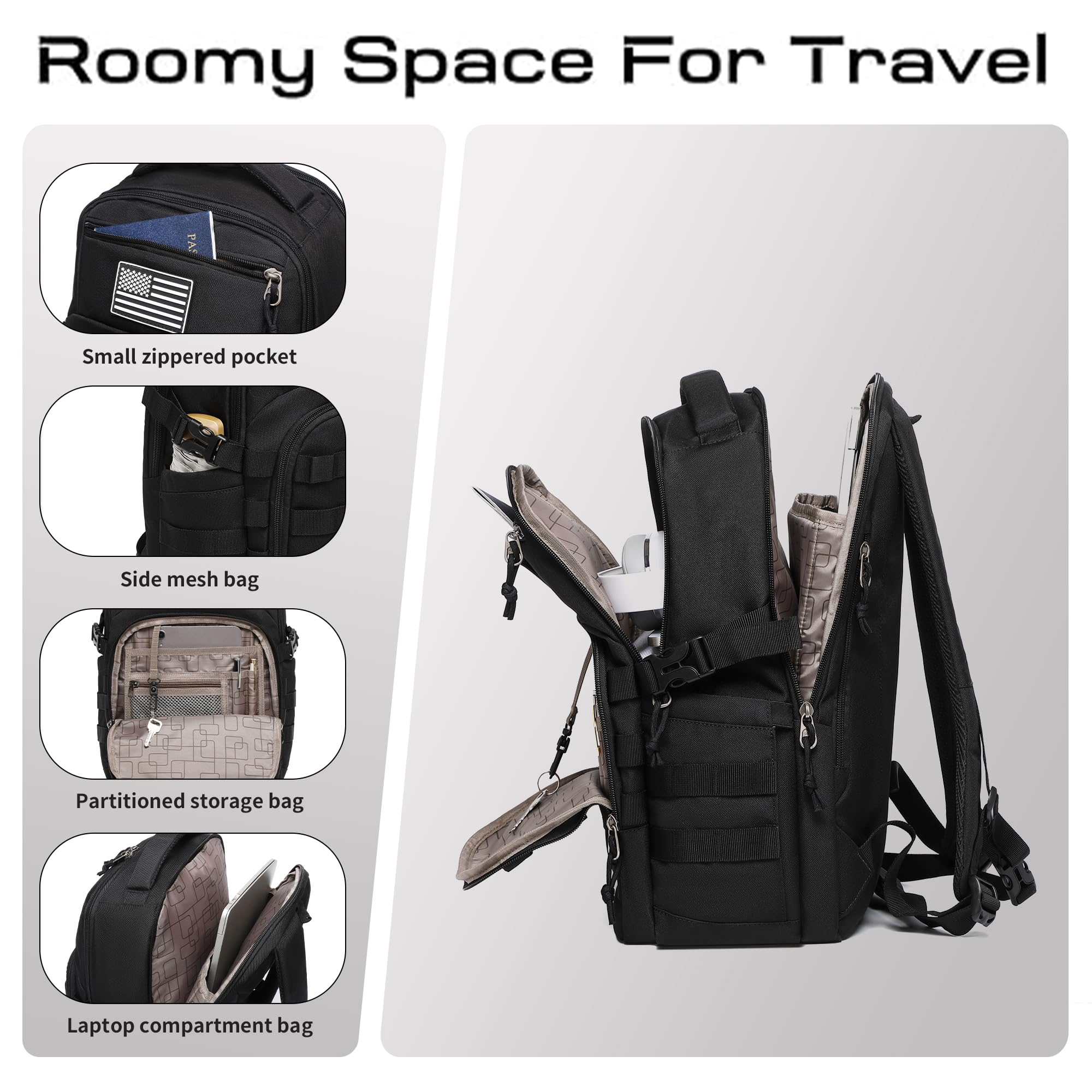 Wotony Military tactical backpack, backpack for men black small tactical assault bag (Black, 18.5 inch)