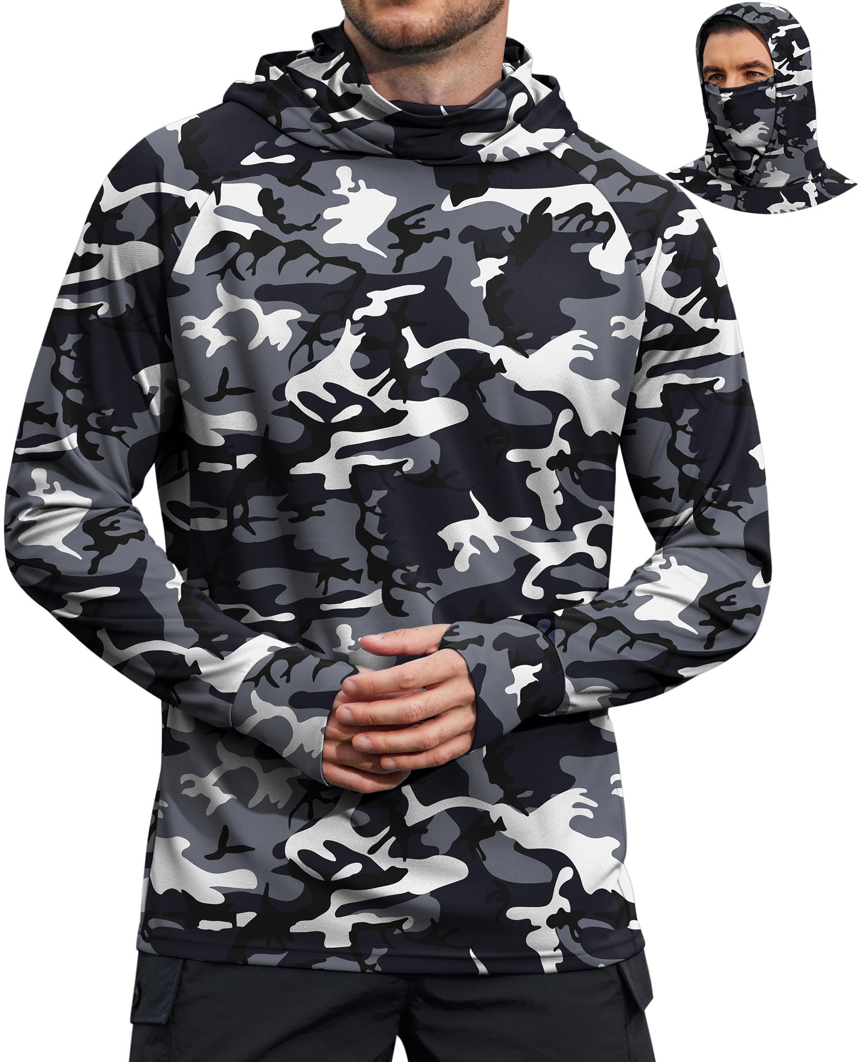 COOFANDY Mens Sunscreen Hoodie Shirts Long Sleeve Fishing Swim SPF Shirt Rash Guard UPF 50+ Lightweight for Hiking Workout Black Camouflage