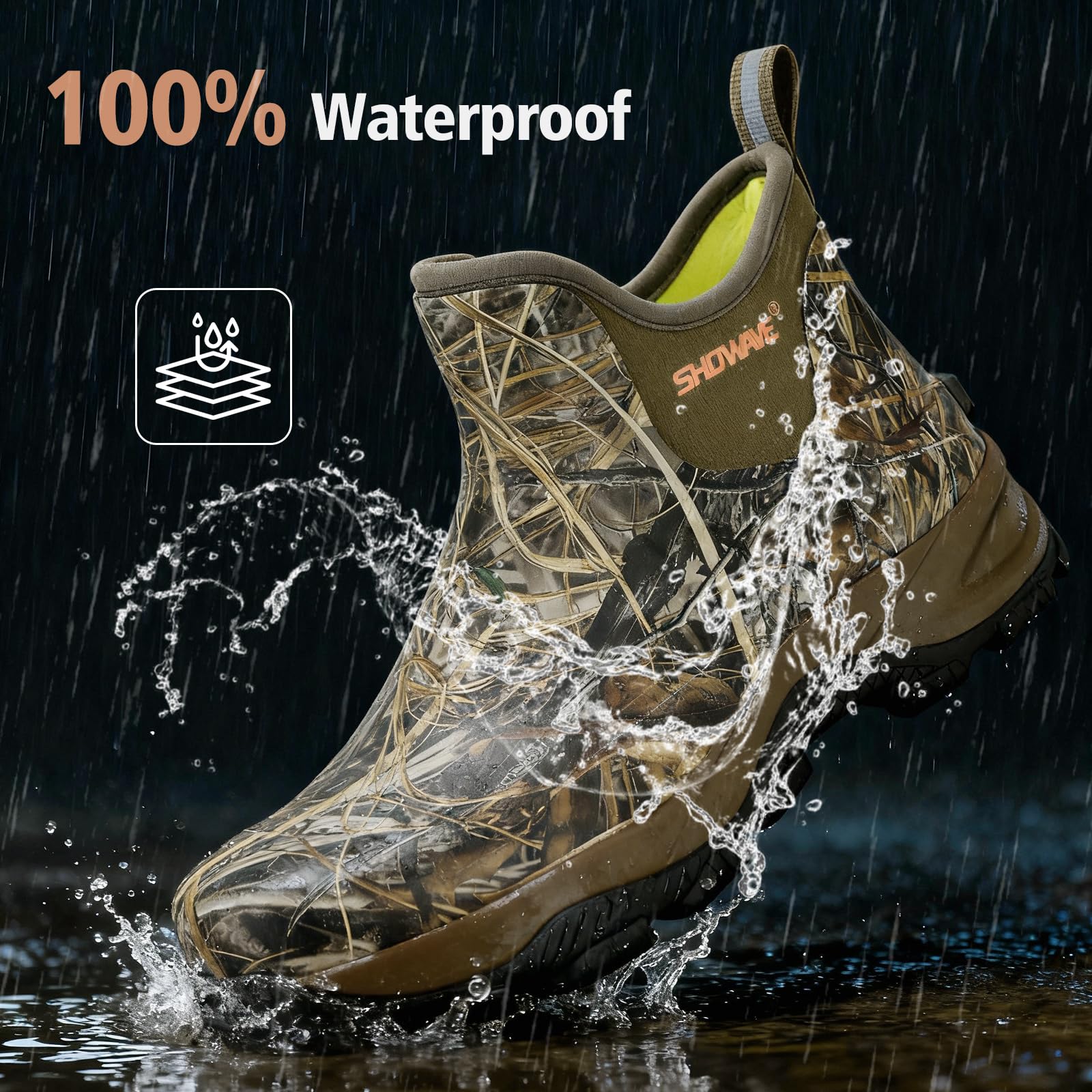 Showave Men's Rubber Boots Waterproof Rain Footwear Durable Short Hunting Boots for Mud Gardening Yard and Chore Working (Size 11,Camo)