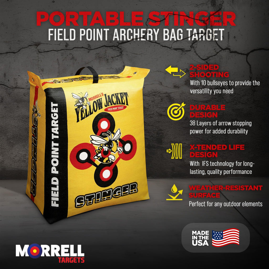 Morrell Yellow Jacket Stinger, Field Point Archery Target with 2 Shooting Sides & 10 Bullseyes - Portable Backyard Hunting Practice Bag with E-Z Tote Carrying Handle & Easy Arrow Removal