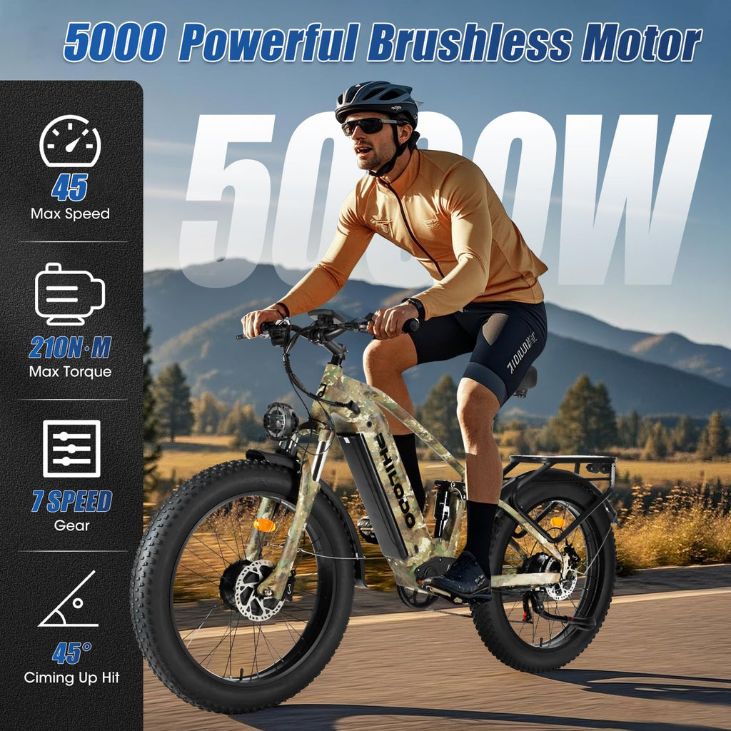 PHILODO Falcon 60V Off-Road Electric Bike Dual Motor Hunting Ebike, Fat Tire Full Suspension Dirt Bike for Adults, Long Range Snow/Sand Electric Bicycle(Green)