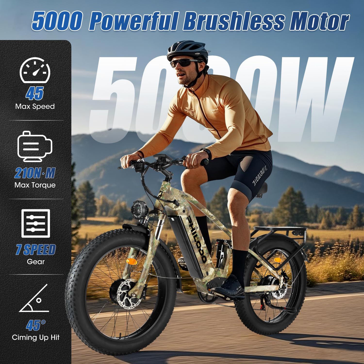 PHILODO Falcon 60V Off-Road Electric Bike Dual Motor Hunting Ebike, Fat Tire Full Suspension Dirt Bike for Adults, Long Range Snow/Sand Electric Bicycle(Green)