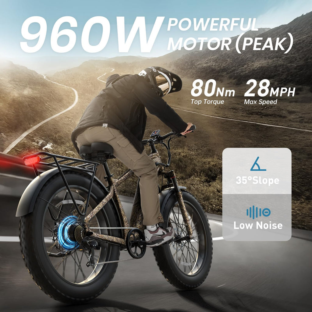 PUCKIPUPPY Electric Bike for Adults with 960W(Peak), 26" Fat Tire Electric Mountain Bike，48V 15AH Removable Battery Ebike, 28MPH Aluminum Frame E Bike with Rear Storage Shelf, Beagle(Camouflage)