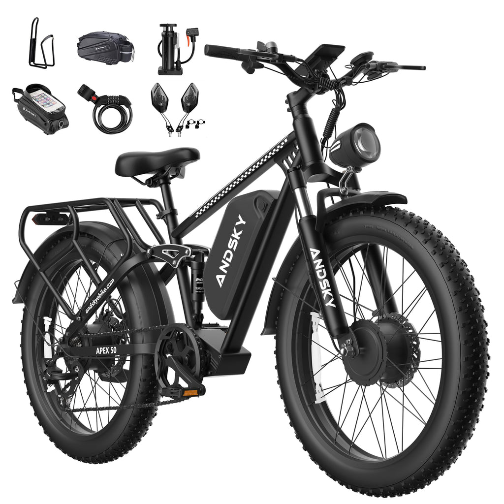 ANDSKY 9000W Peak Dual Motor Electric Bike for Adults, 52V/48V 26" Fat Tire Full Suspension, 40-47MPH & 110 Miles, Hydraulic Brakes, UL2849